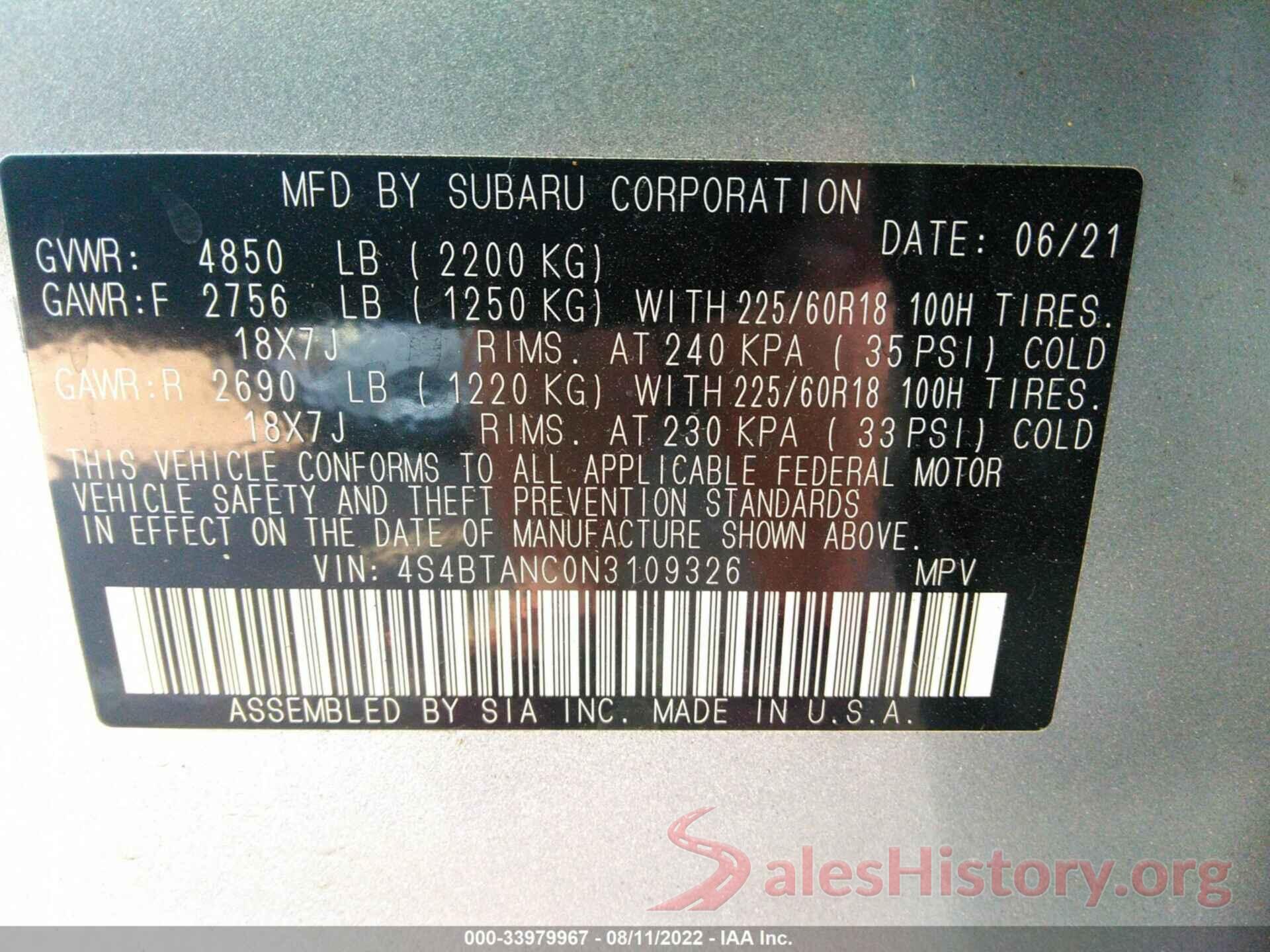 4S4BTANC0N3109326 2022 SUBARU OUTBACK