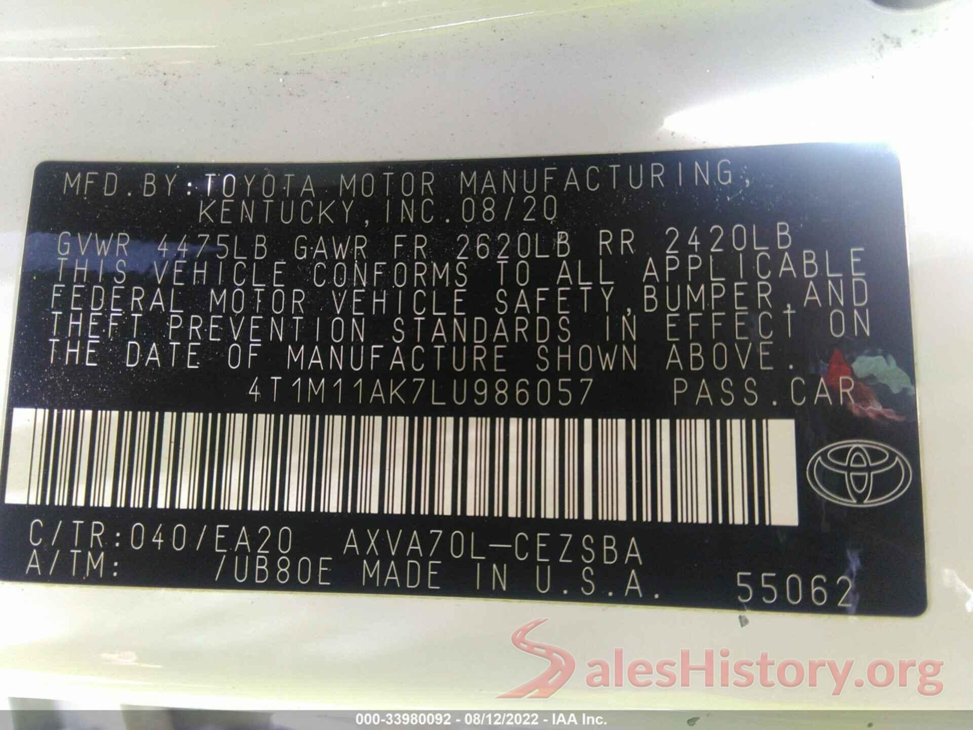 4T1M11AK7LU986057 2020 TOYOTA CAMRY