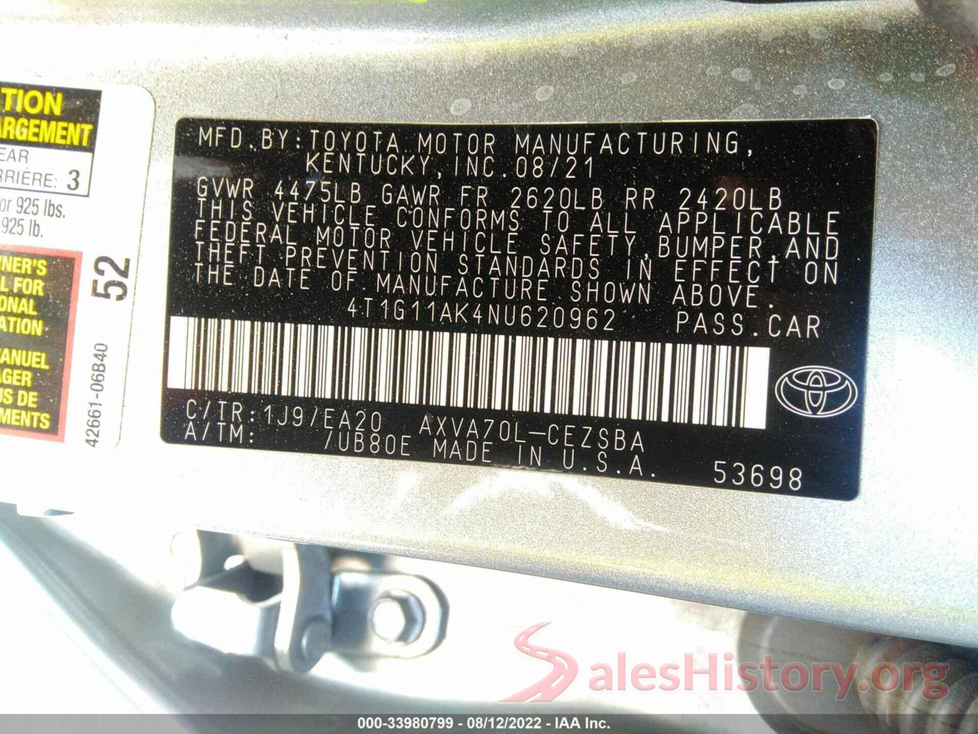 4T1G11AK4NU620962 2022 TOYOTA CAMRY