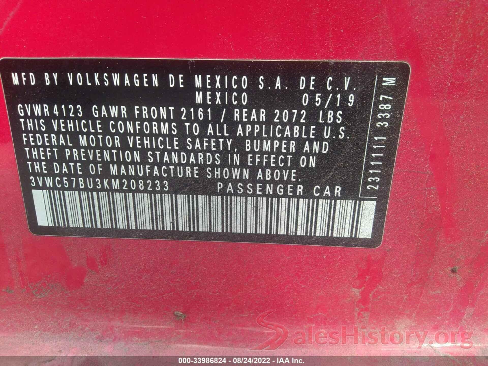 3VWC57BU3KM208233 2019 VOLKSWAGEN JETTA