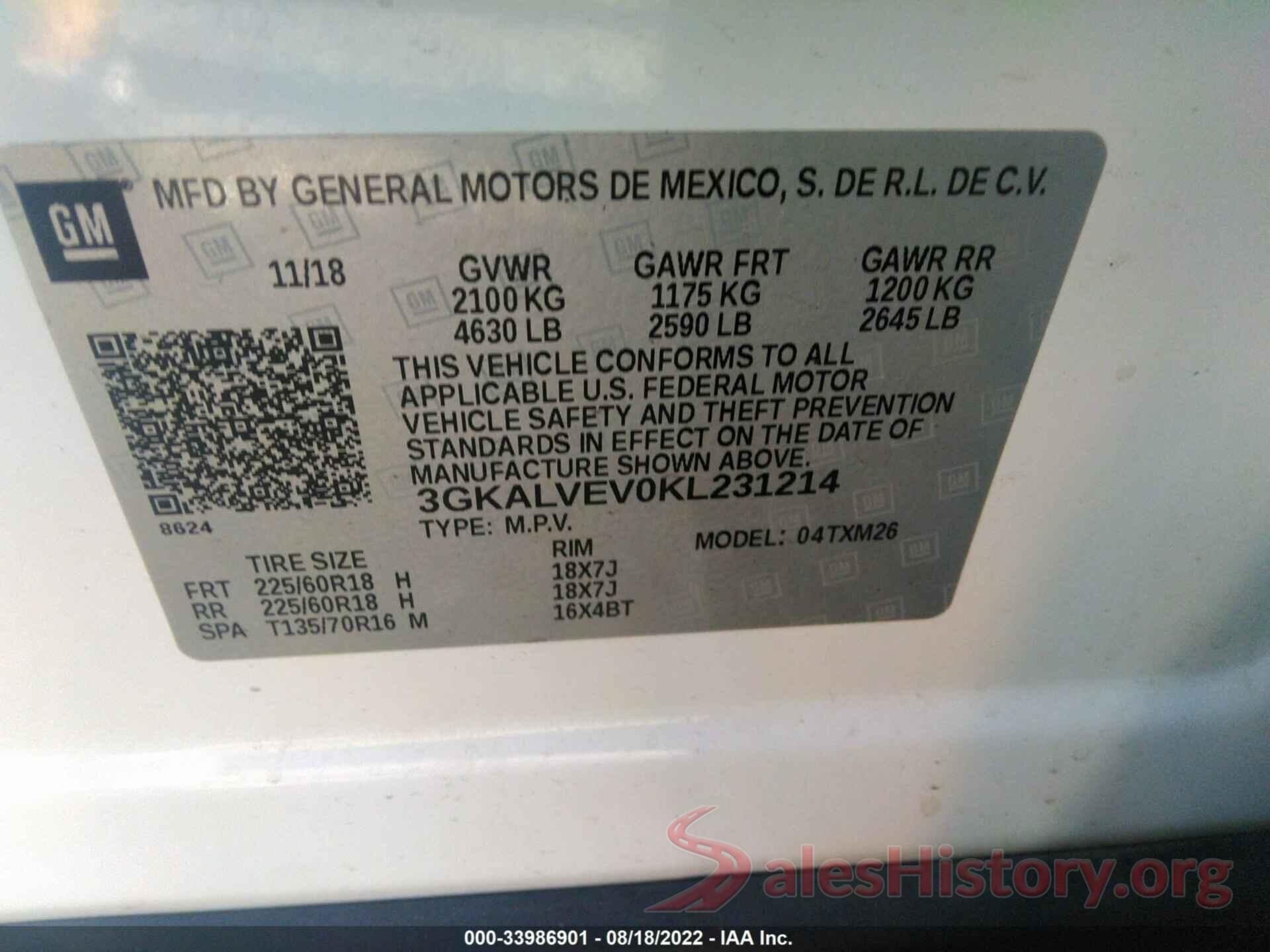 3GKALVEV0KL231214 2019 GMC TERRAIN