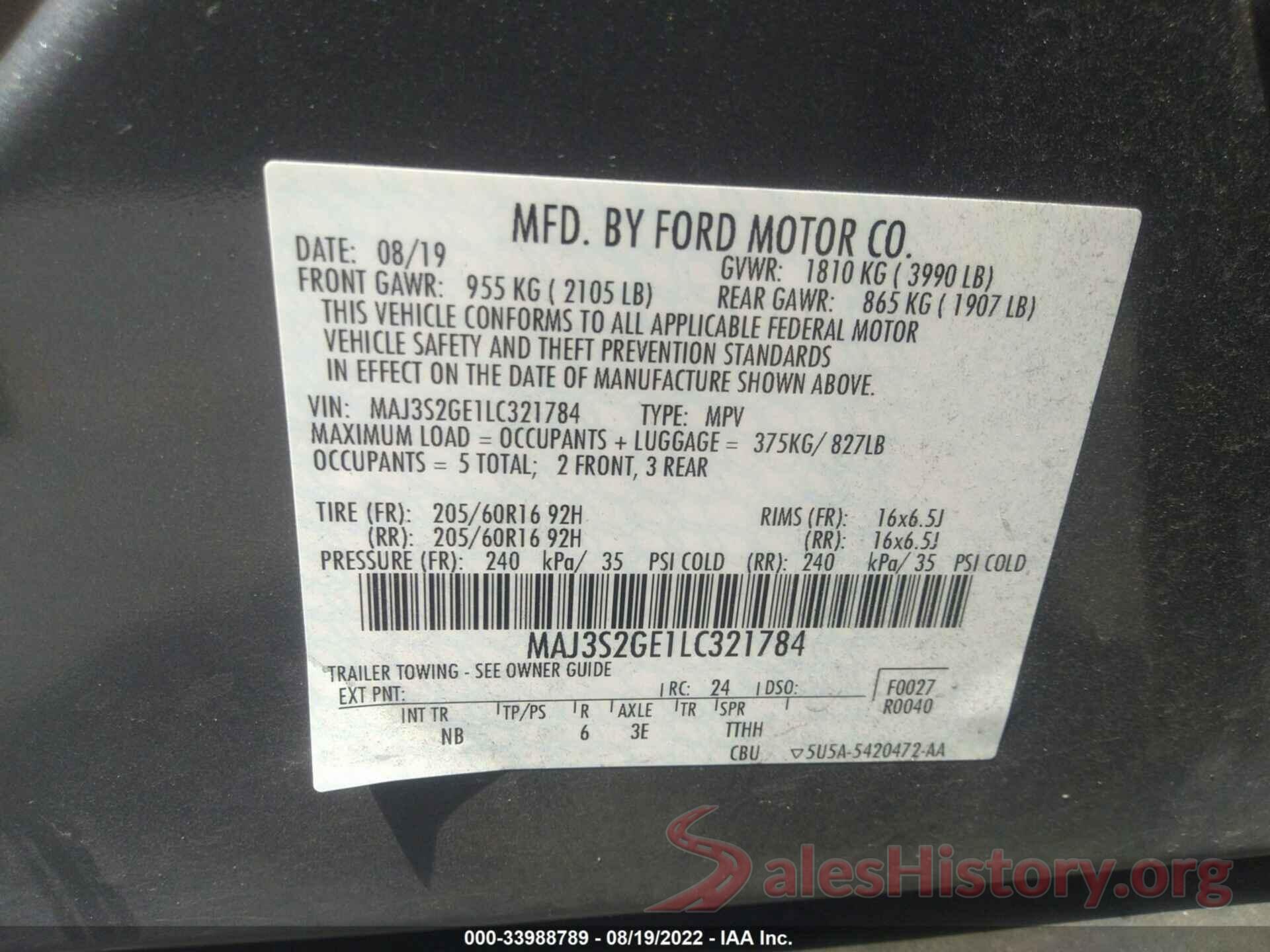 MAJ3S2GE1LC321784 2020 FORD ECOSPORT