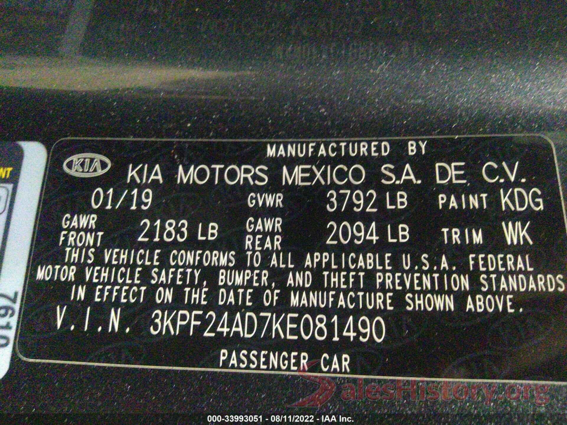 3KPF24AD7KE081490 2019 KIA FORTE