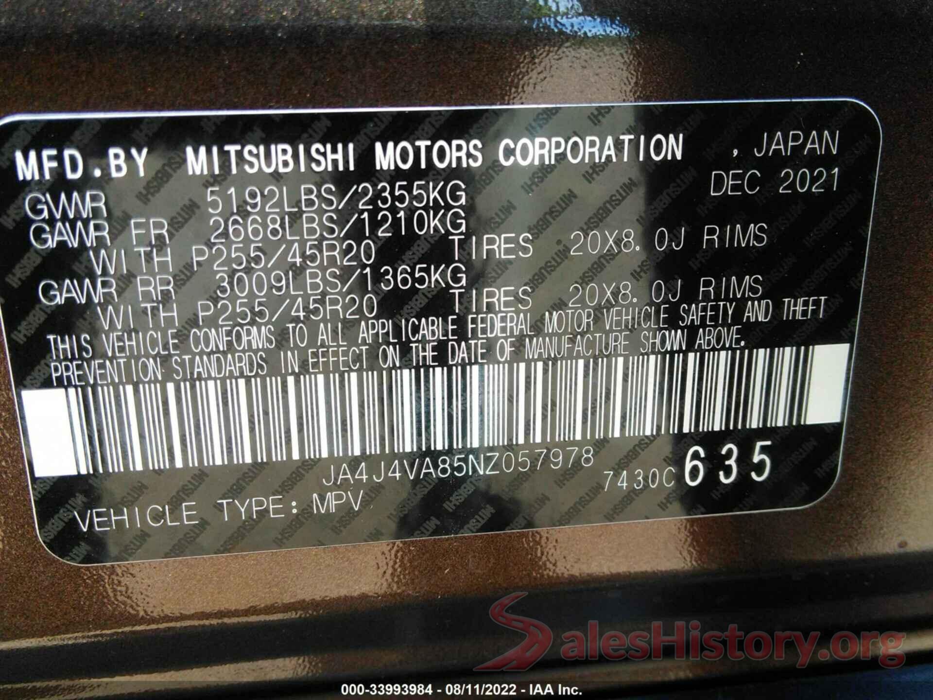 JA4J4VA85NZ057978 2022 MITSUBISHI OUTLANDER