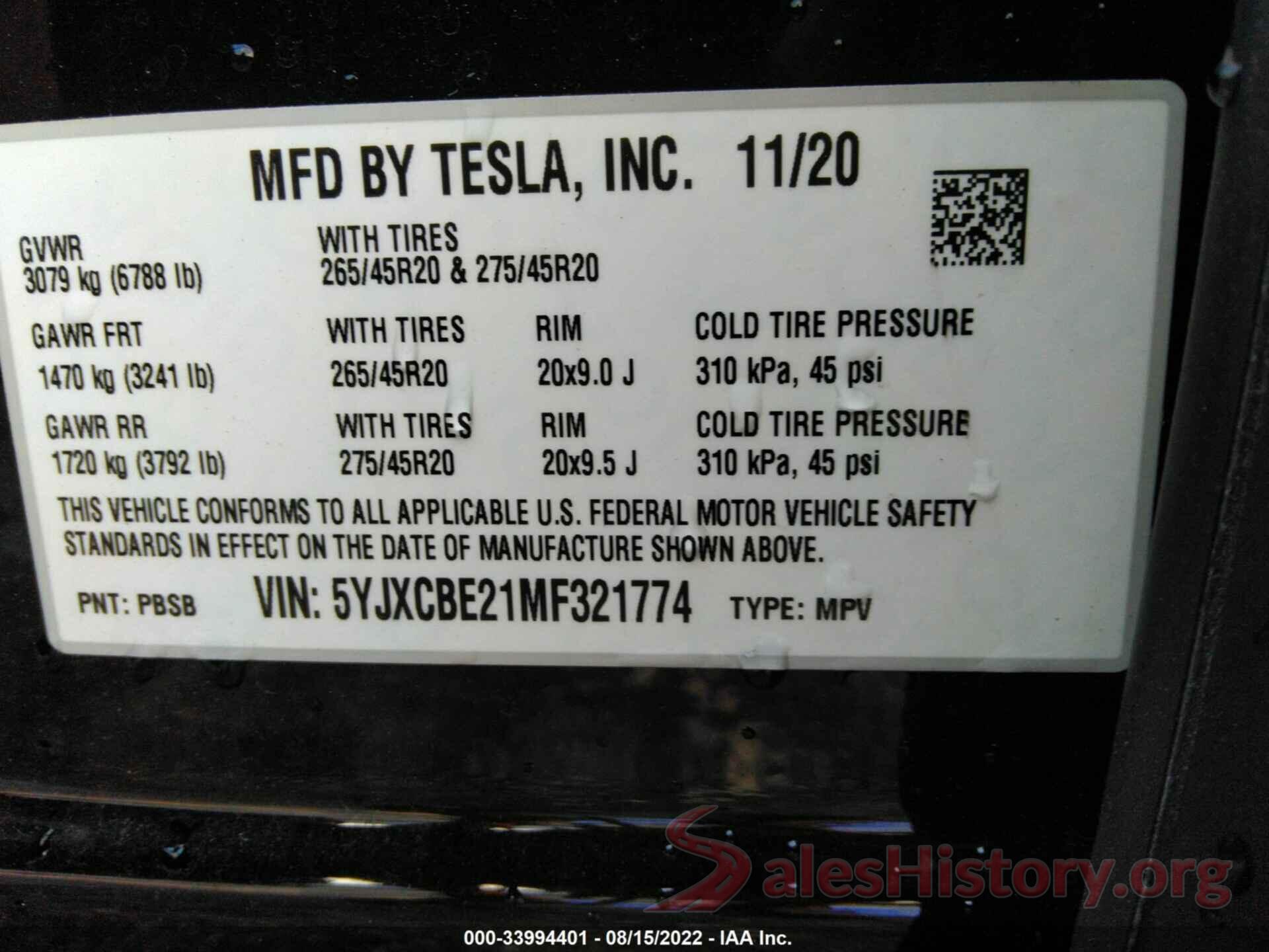 5YJXCBE21MF321774 2021 TESLA MODEL X