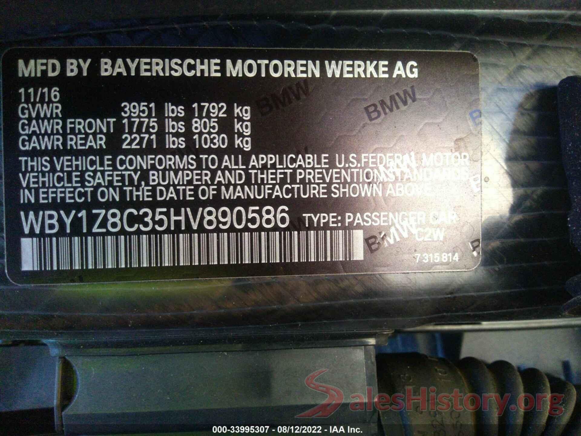 WBY1Z8C35HV890586 2017 BMW I3