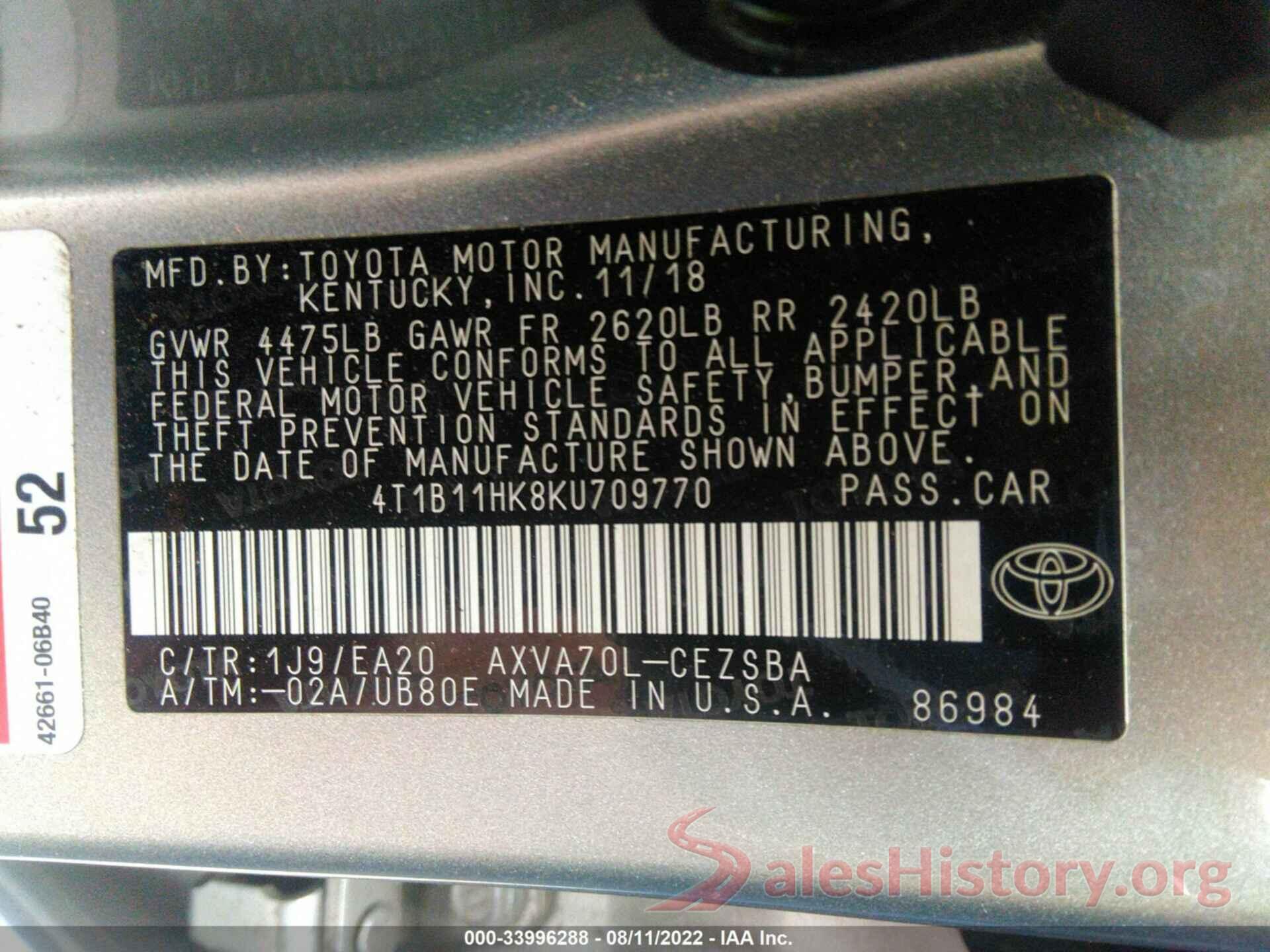 4T1B11HK8KU709770 2019 TOYOTA CAMRY