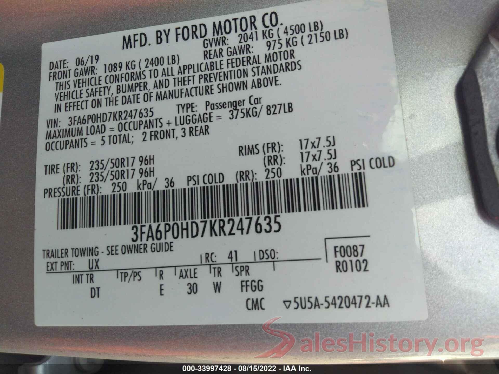 3FA6P0HD7KR247635 2019 FORD FUSION