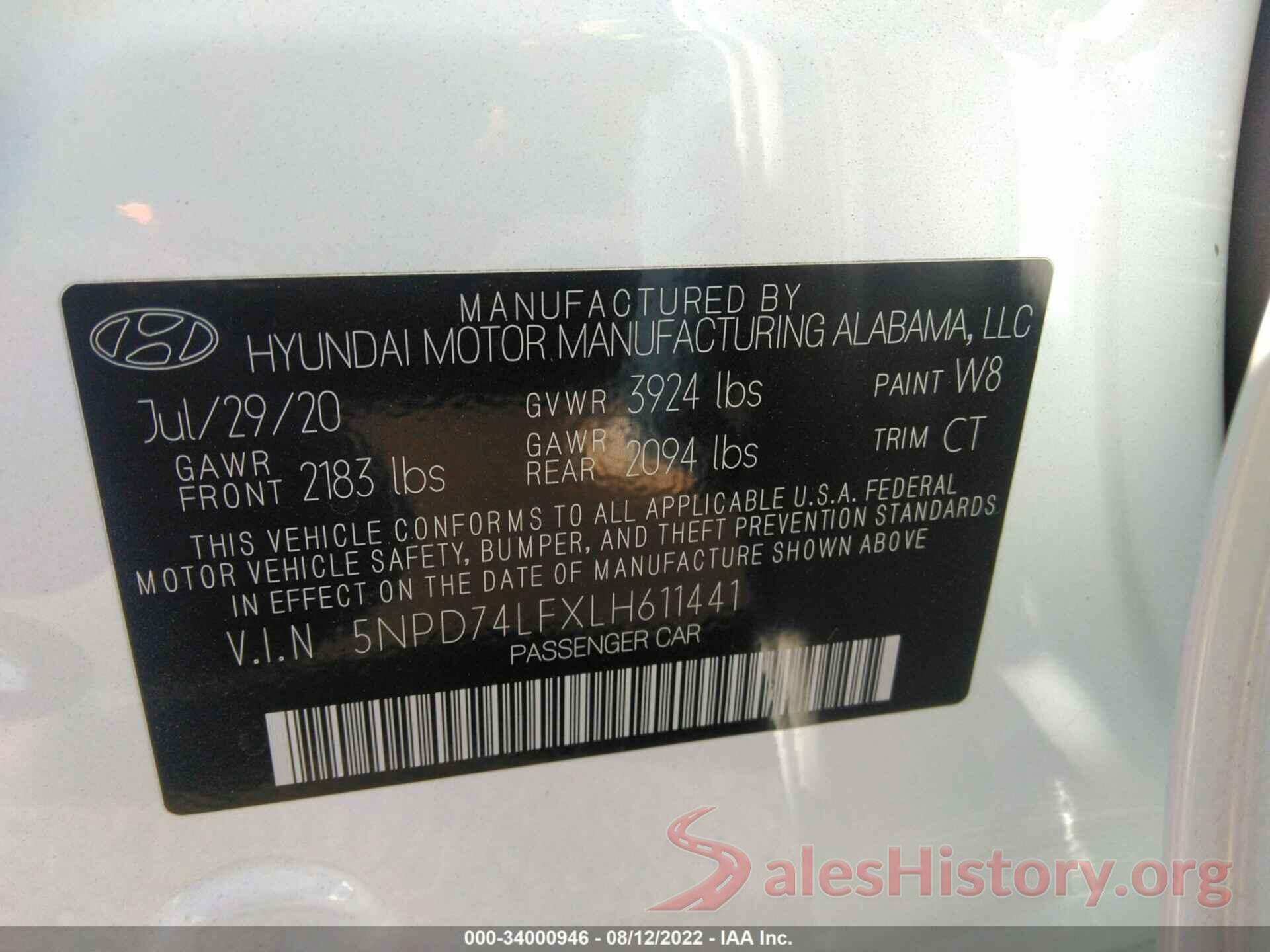 5NPD74LFXLH611441 2020 HYUNDAI ELANTRA