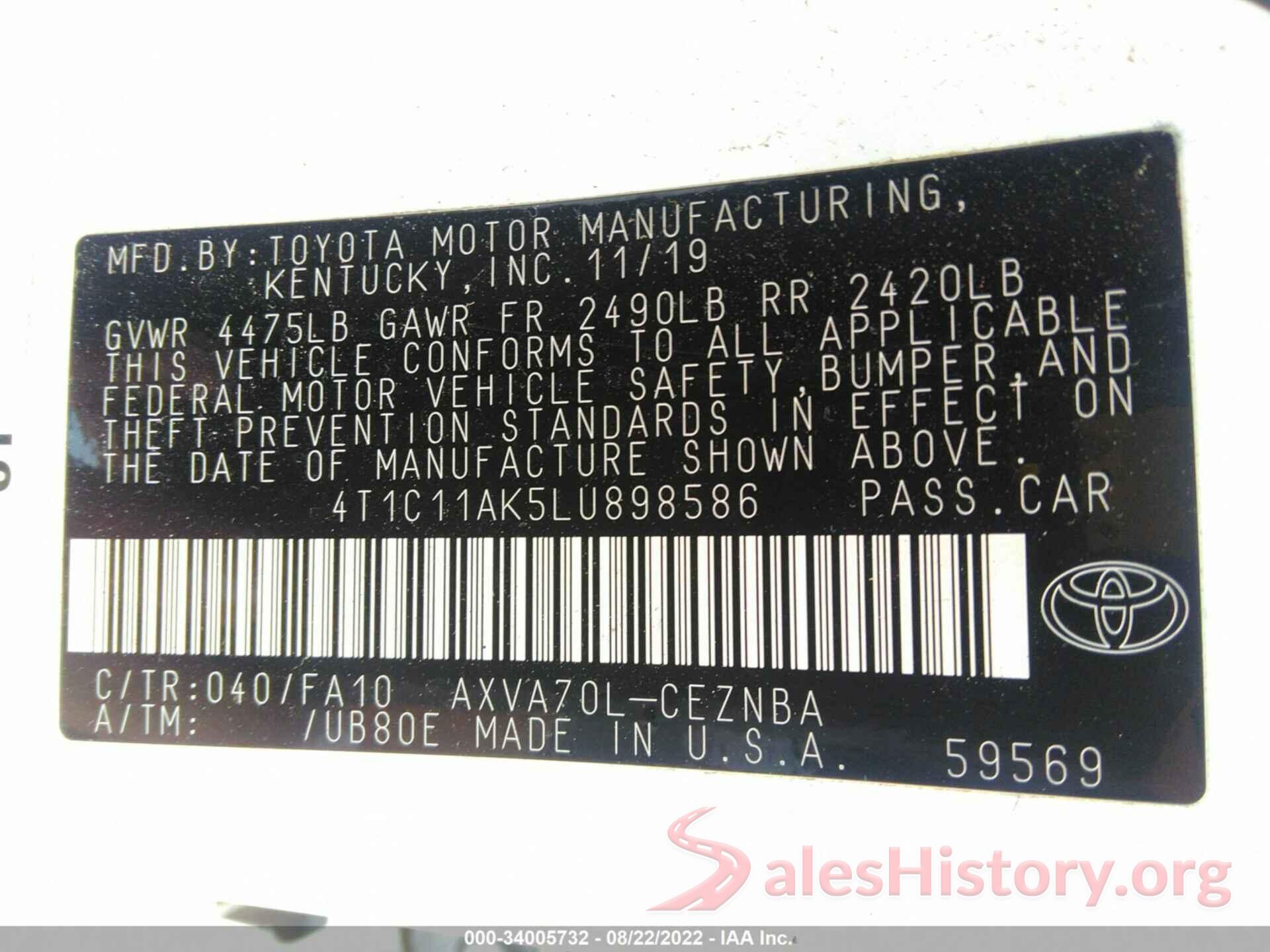 4T1C11AK5LU898586 2020 TOYOTA CAMRY