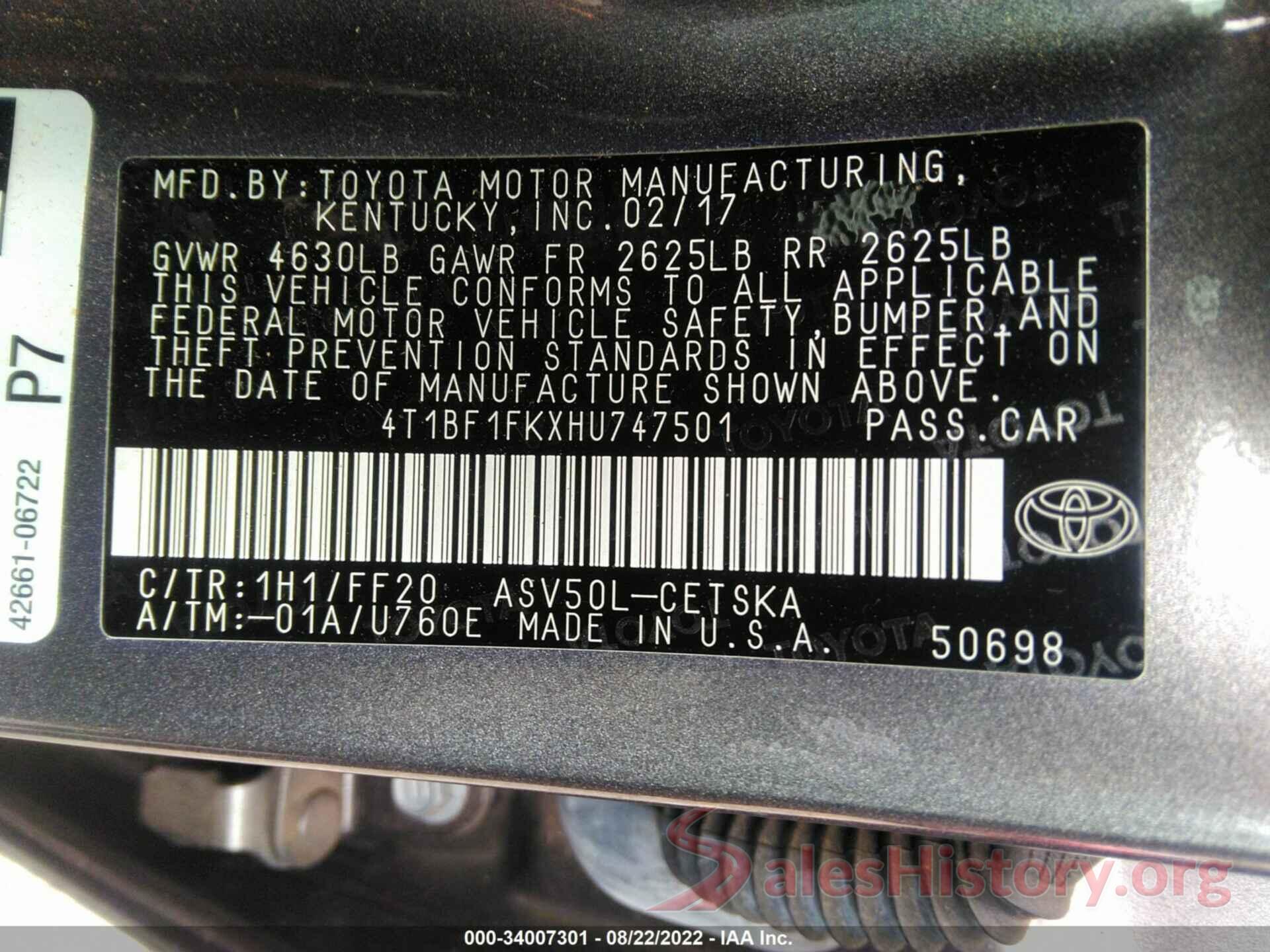 4T1BF1FKXHU747501 2017 TOYOTA CAMRY