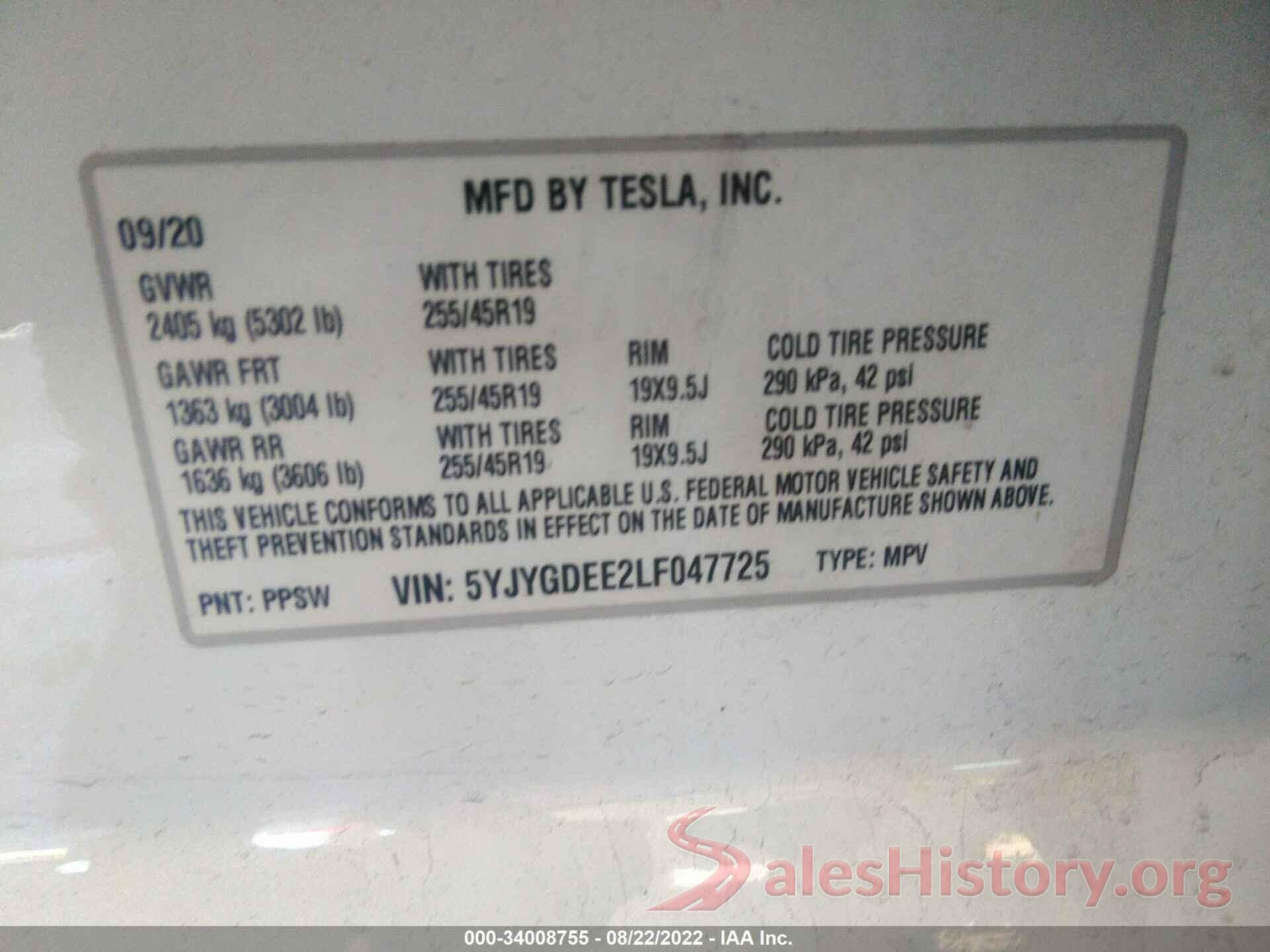 5YJYGDEE2LF047725 2020 TESLA MODEL Y