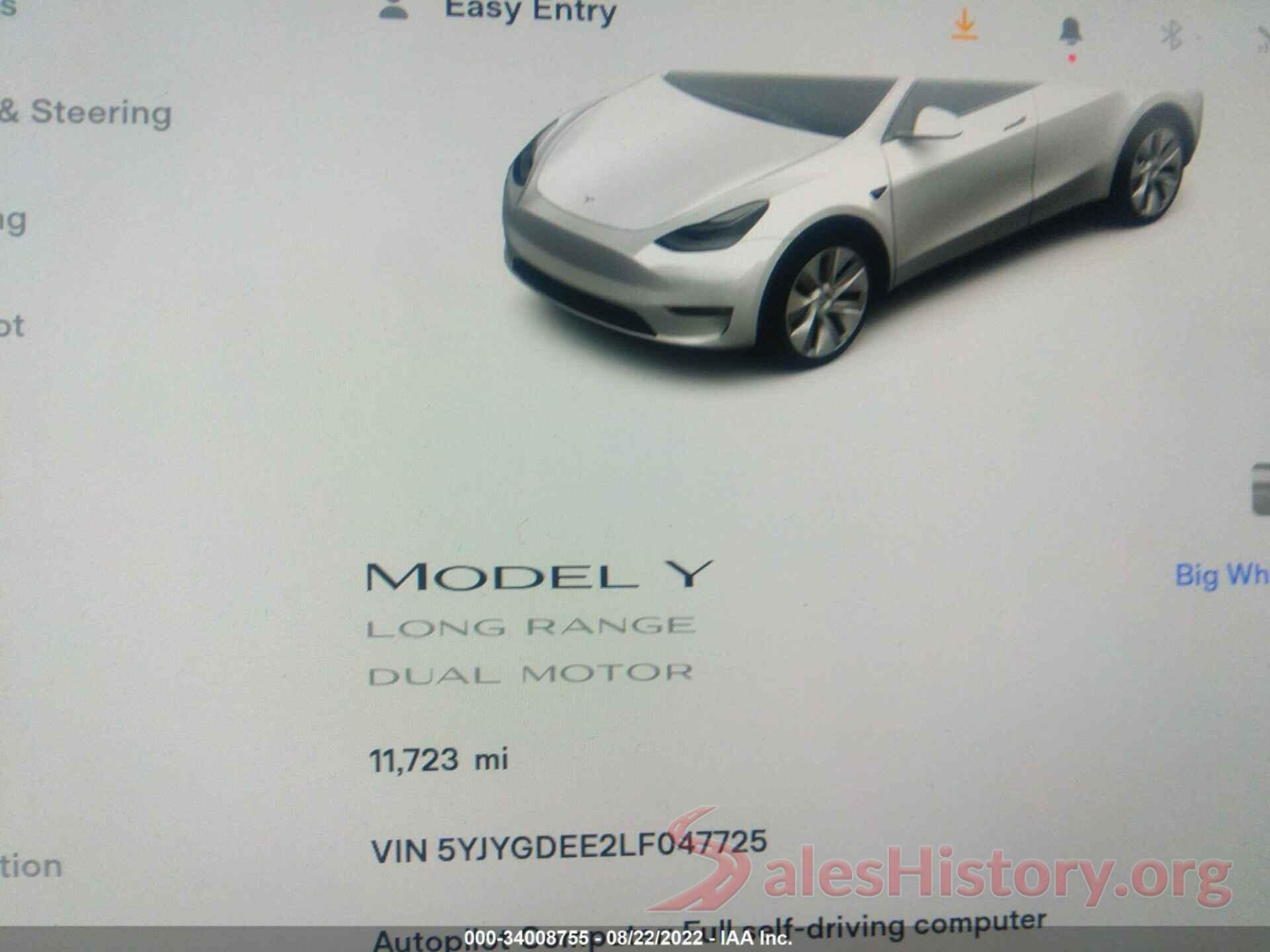 5YJYGDEE2LF047725 2020 TESLA MODEL Y