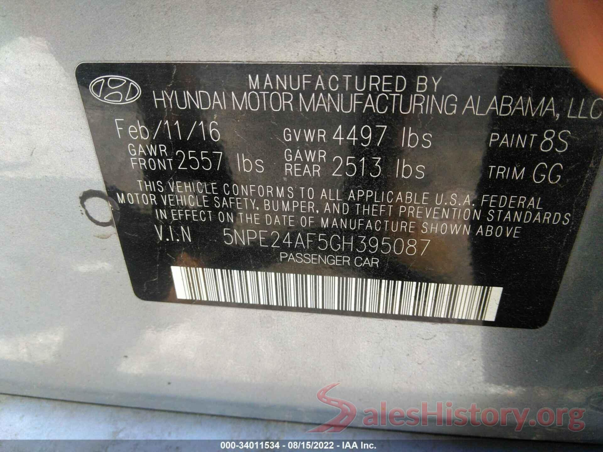 5NPE24AF5GH395087 2016 HYUNDAI SONATA