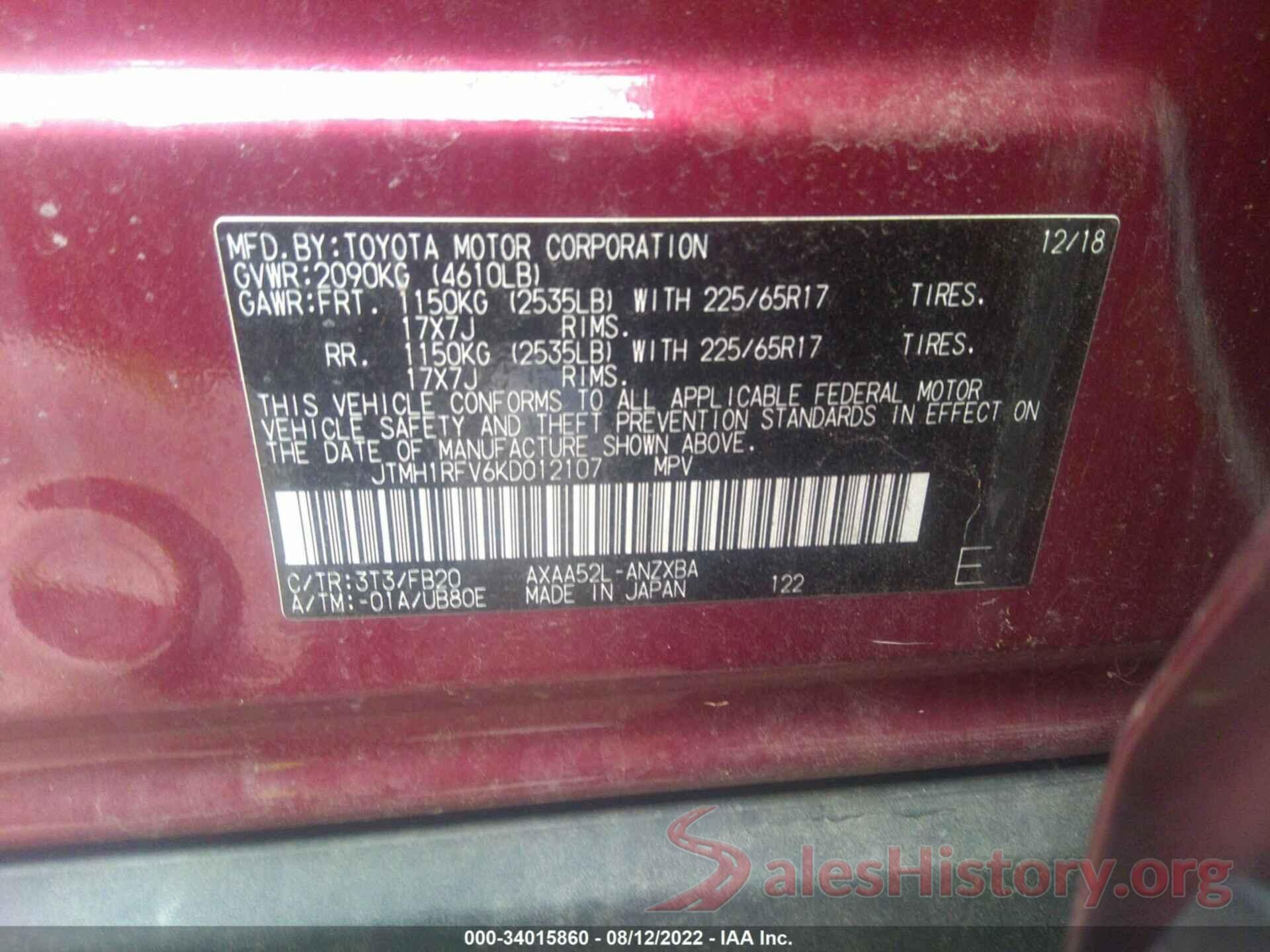 JTMH1RFV6KD012107 2019 TOYOTA RAV4