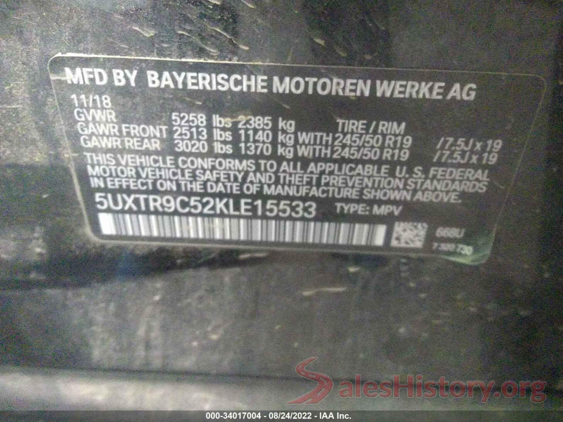 5UXTR9C52KLE15533 2019 BMW X3