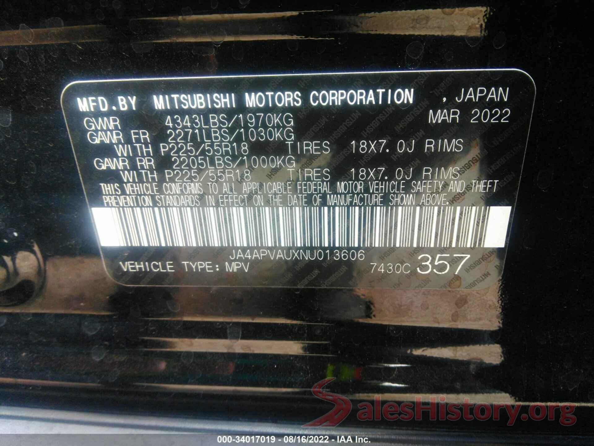 JA4APVAUXNU013606 2022 MITSUBISHI OUTLANDER SPORT