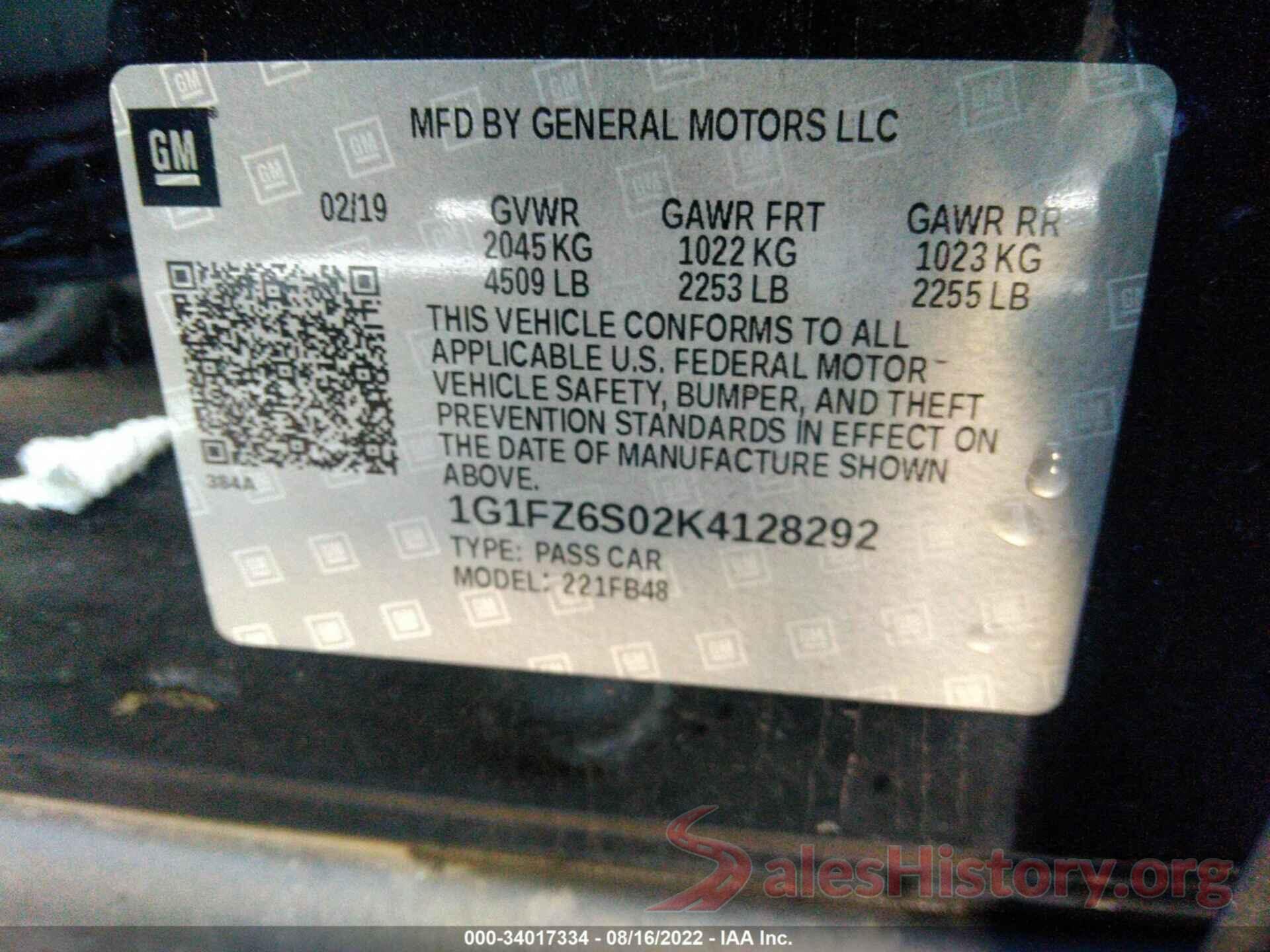 1G1FZ6S02K4128292 2019 CHEVROLET BOLT EV