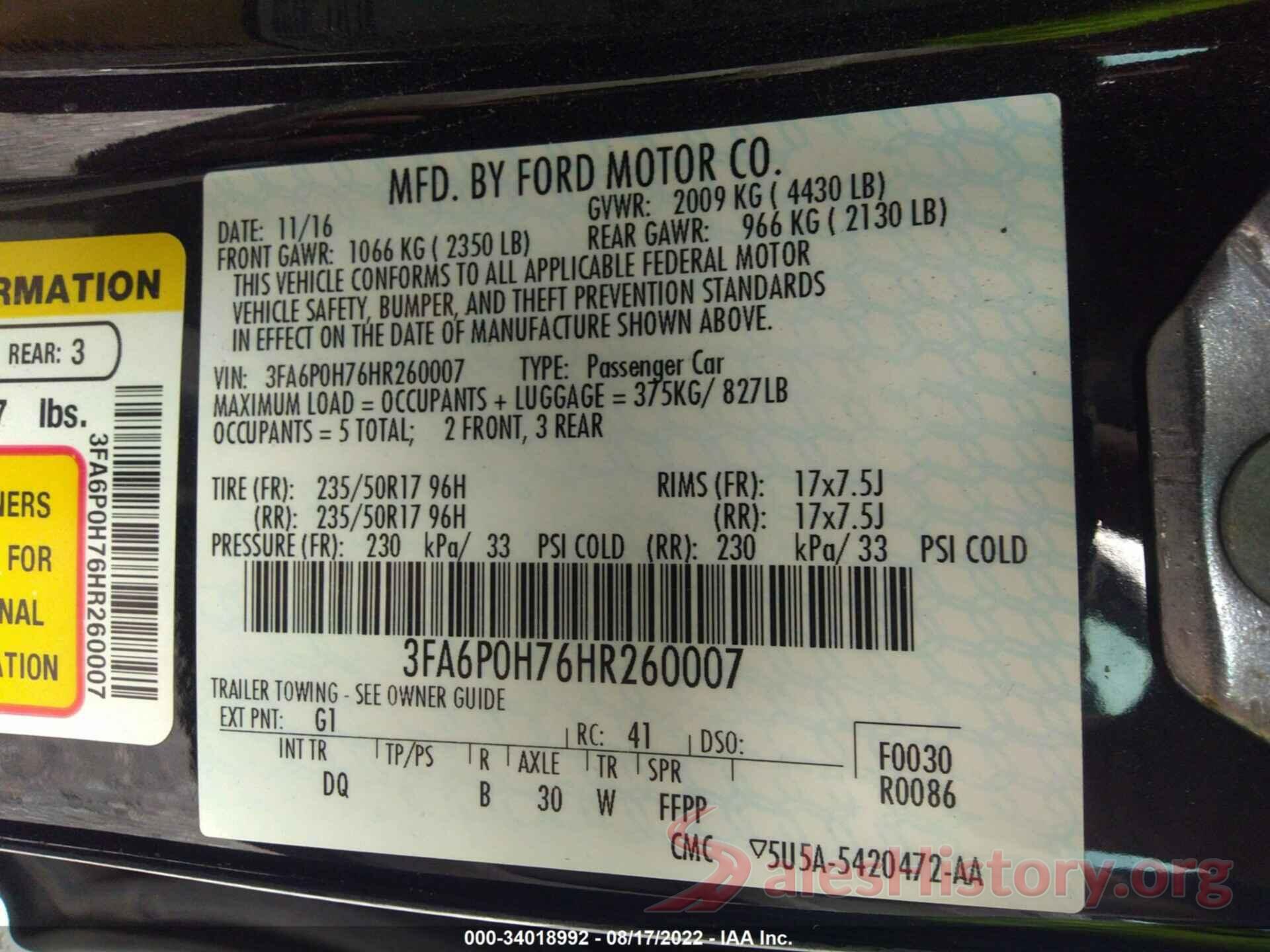 3FA6P0H76HR260007 2017 FORD FUSION