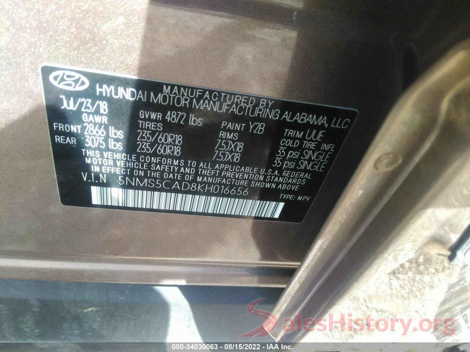 5NMS5CAD8KH016656 2019 HYUNDAI SANTA FE