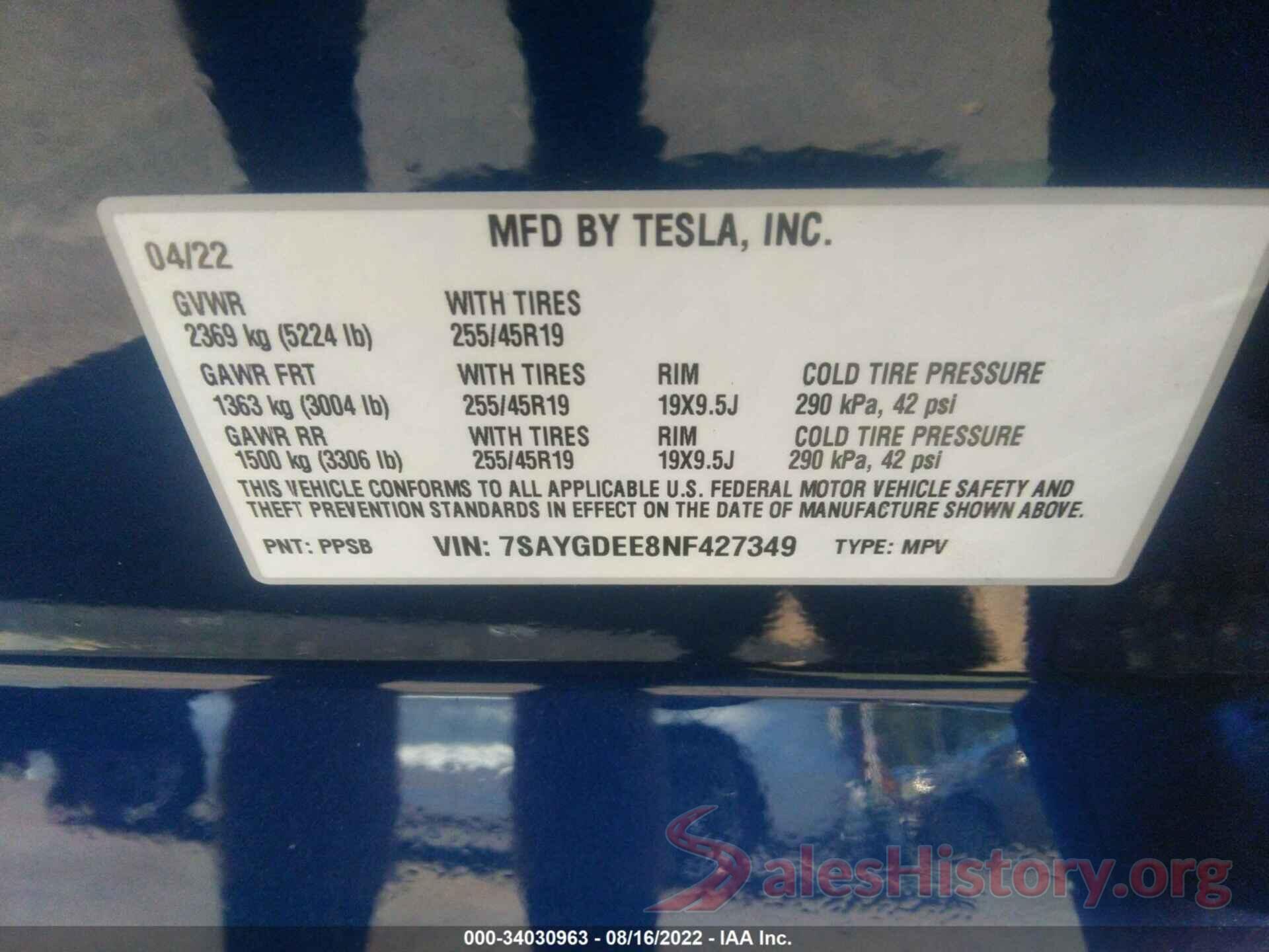 7SAYGDEE8NF427349 2022 TESLA MODEL Y