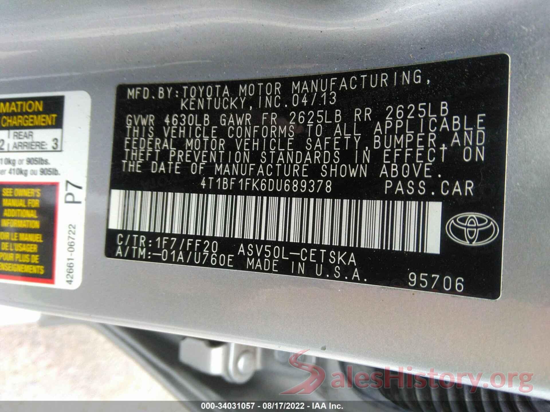 4T1BF1FK6DU689378 2013 TOYOTA CAMRY