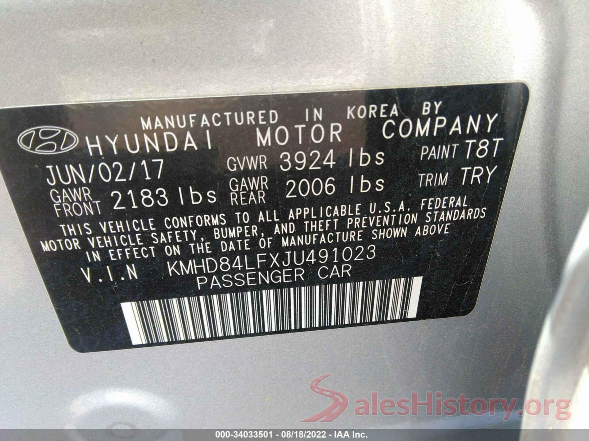 KMHD84LFXJU491023 2018 HYUNDAI ELANTRA