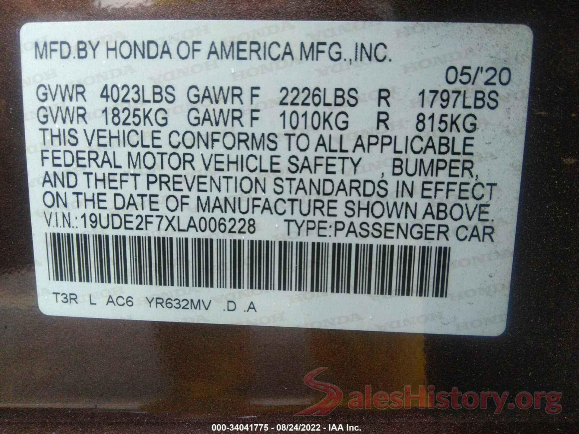 19UDE2F7XLA006228 2020 ACURA ILX