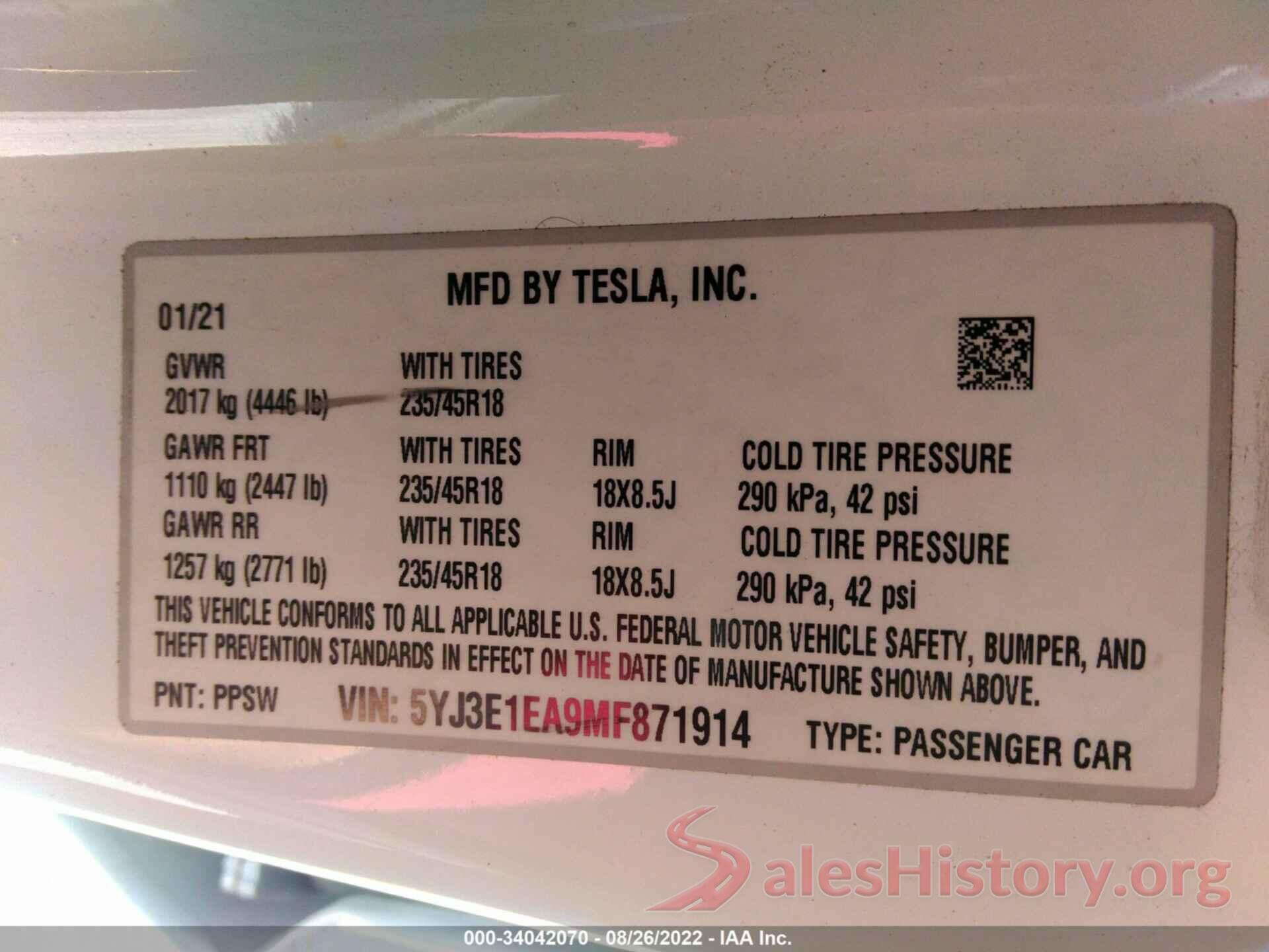 5YJ3E1EA9MF871914 2021 TESLA MODEL 3