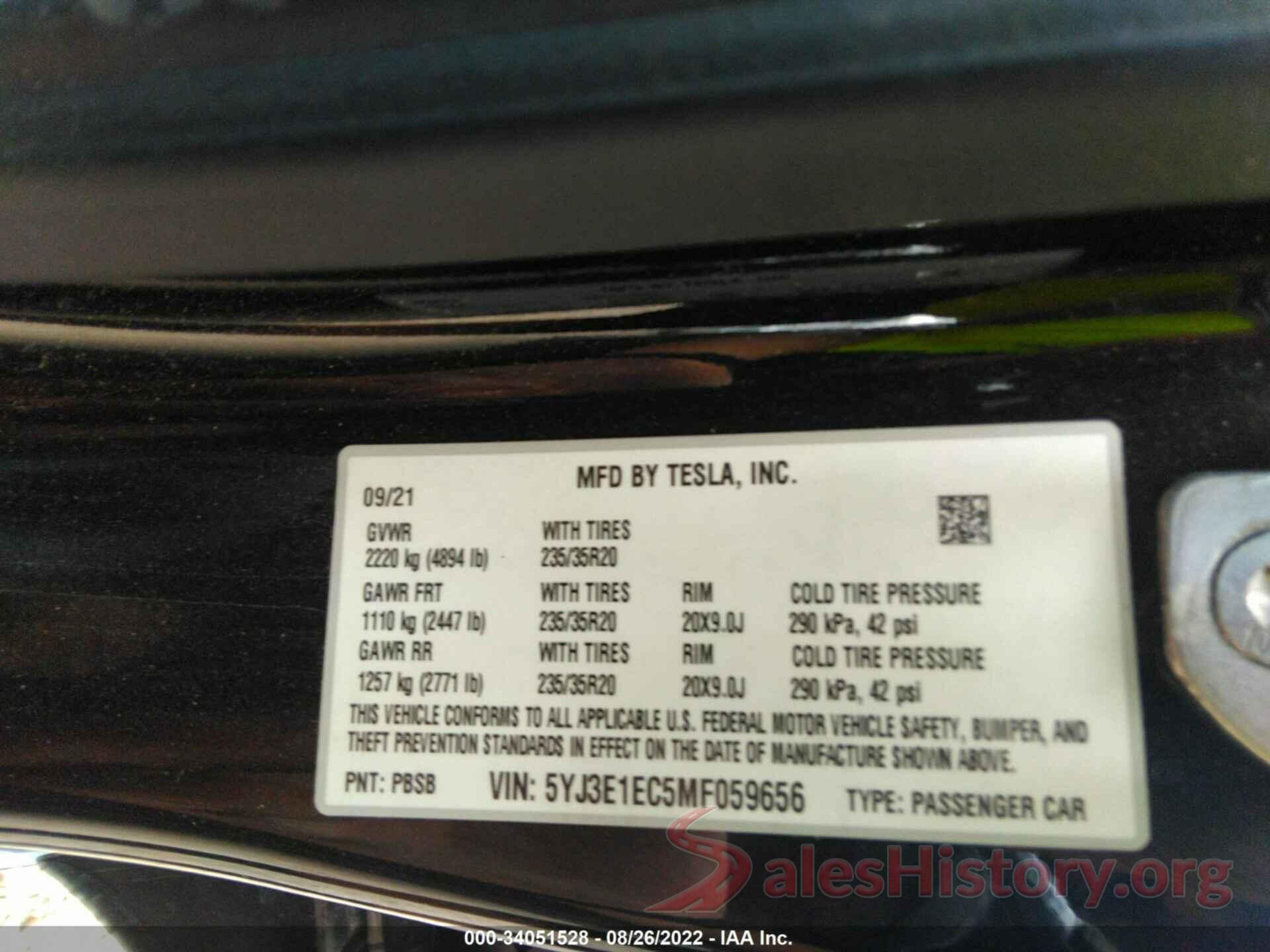 5YJ3E1EC5MF059656 2021 TESLA MODEL 3