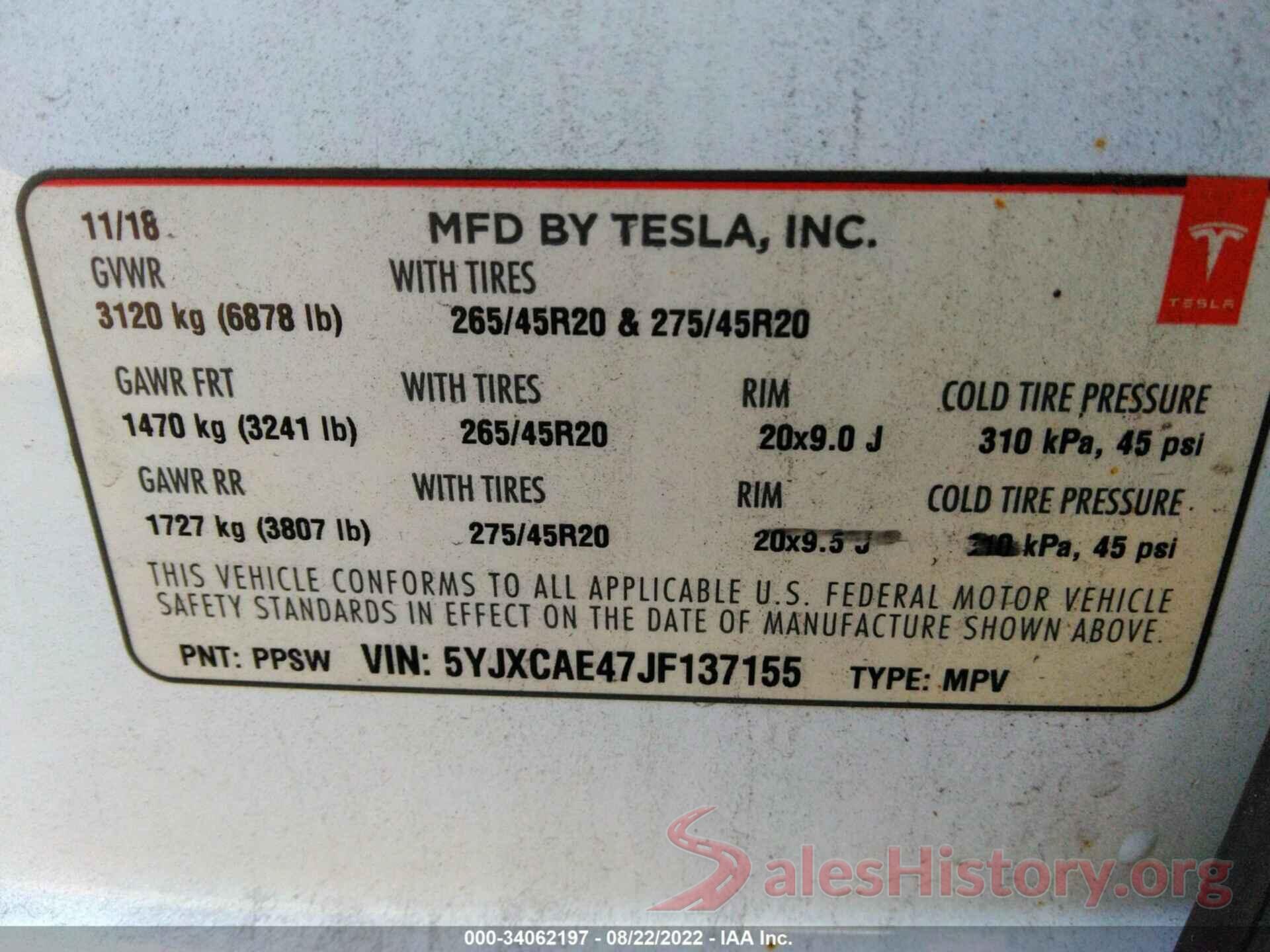 5YJXCAE47JF137155 2018 TESLA MODEL X