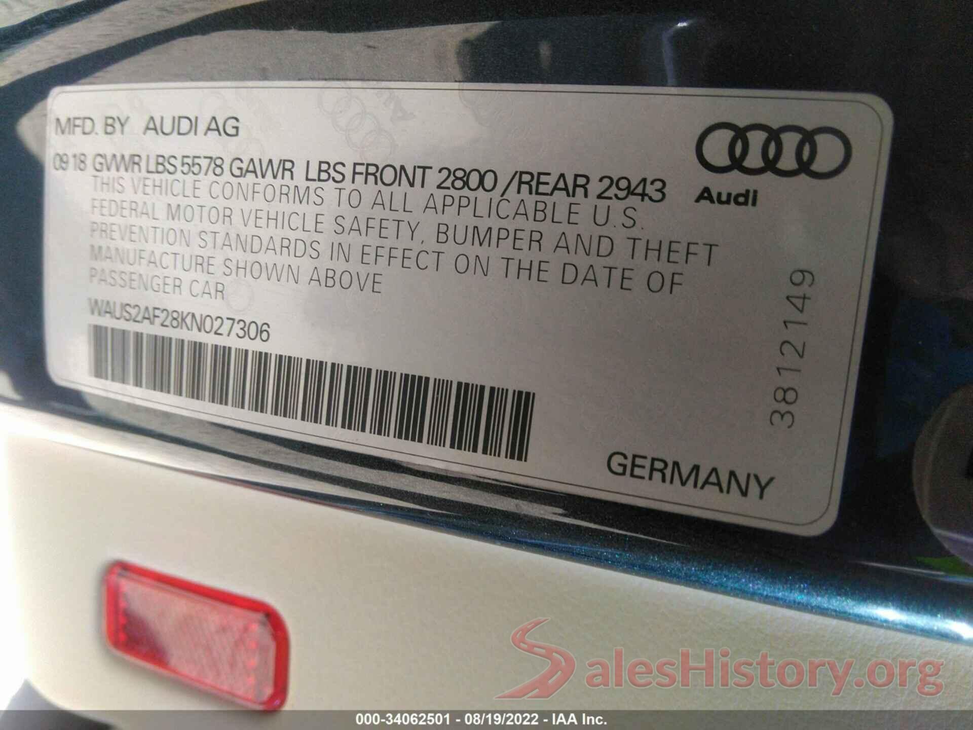 WAUS2AF28KN027306 2019 AUDI A7