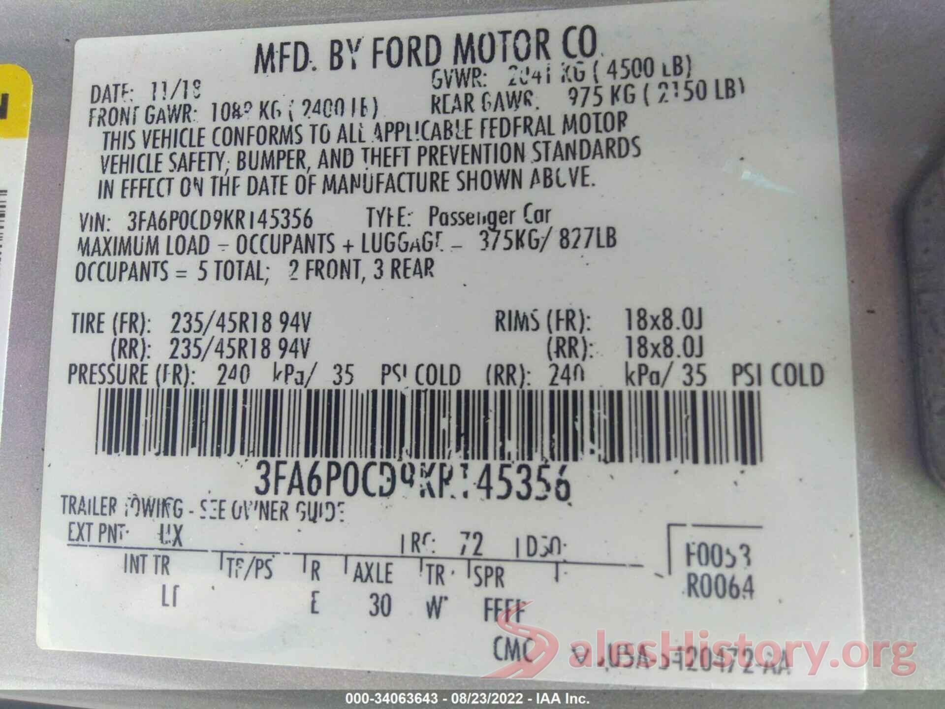 3FA6P0CD9KR145356 2019 FORD FUSION