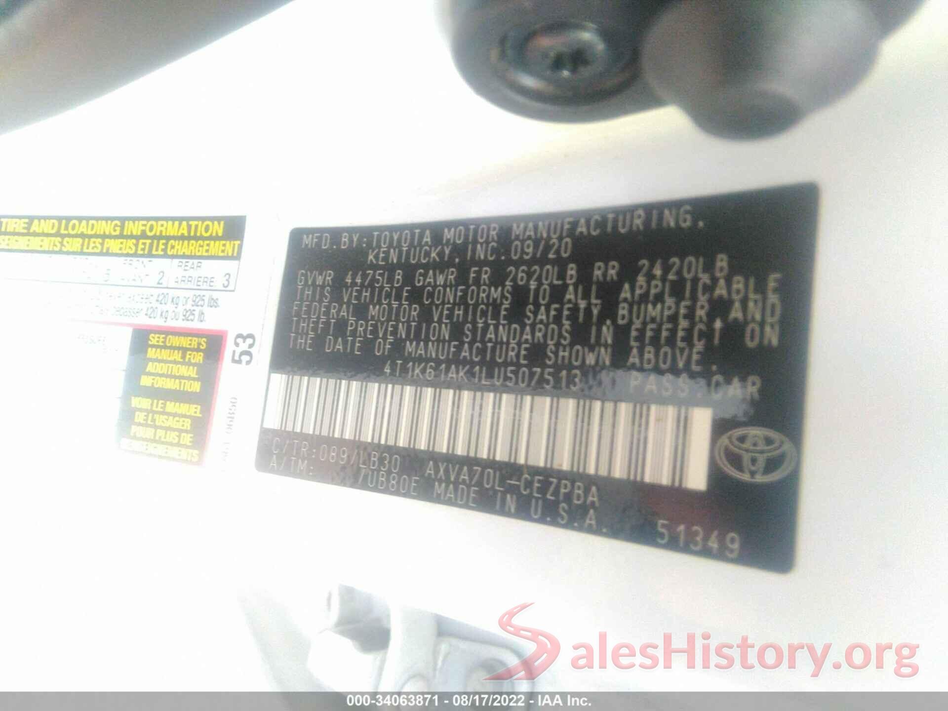 4T1K61AK1LU507513 2020 TOYOTA CAMRY