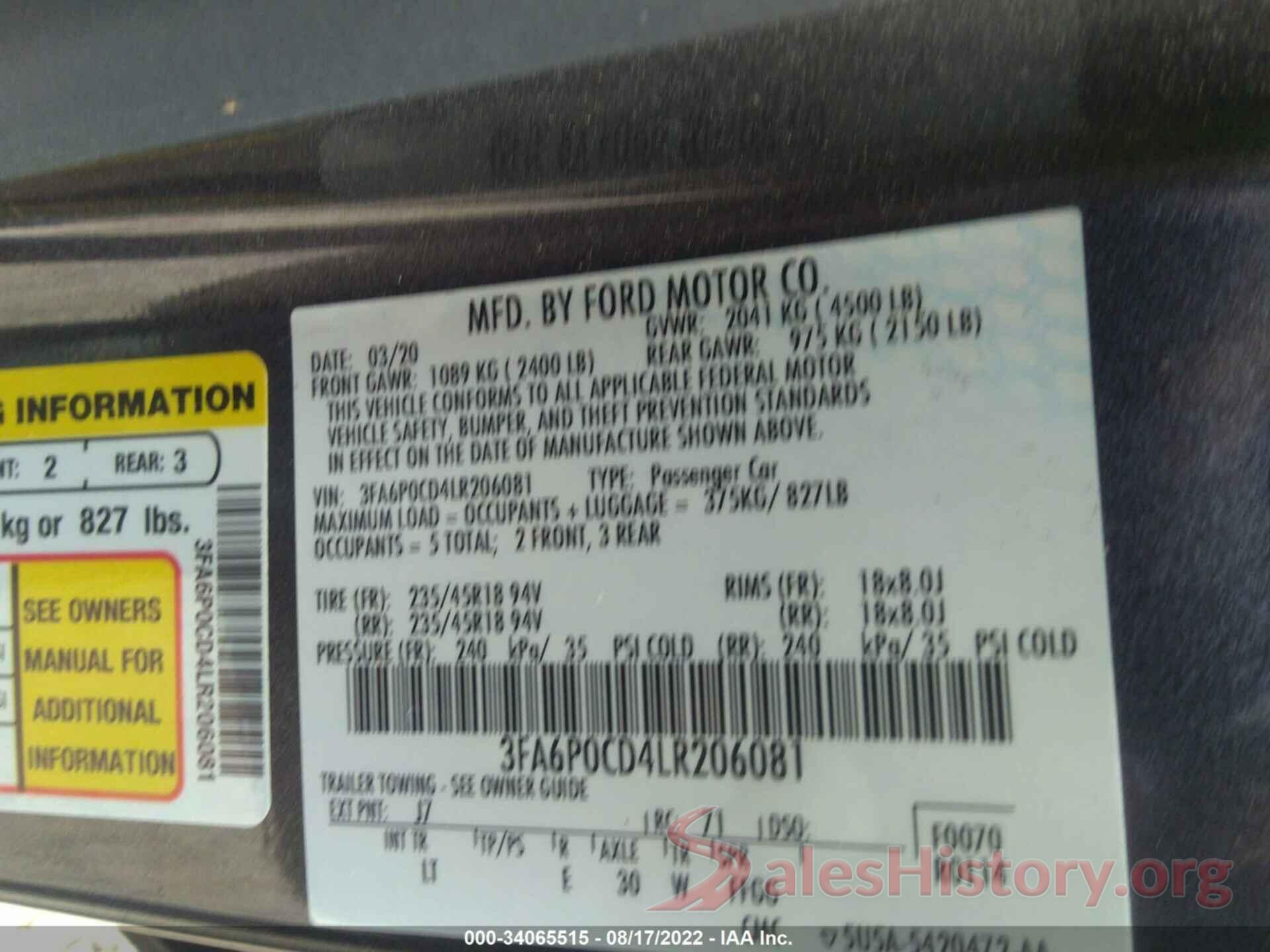 3FA6P0CD4LR206081 2020 FORD FUSION