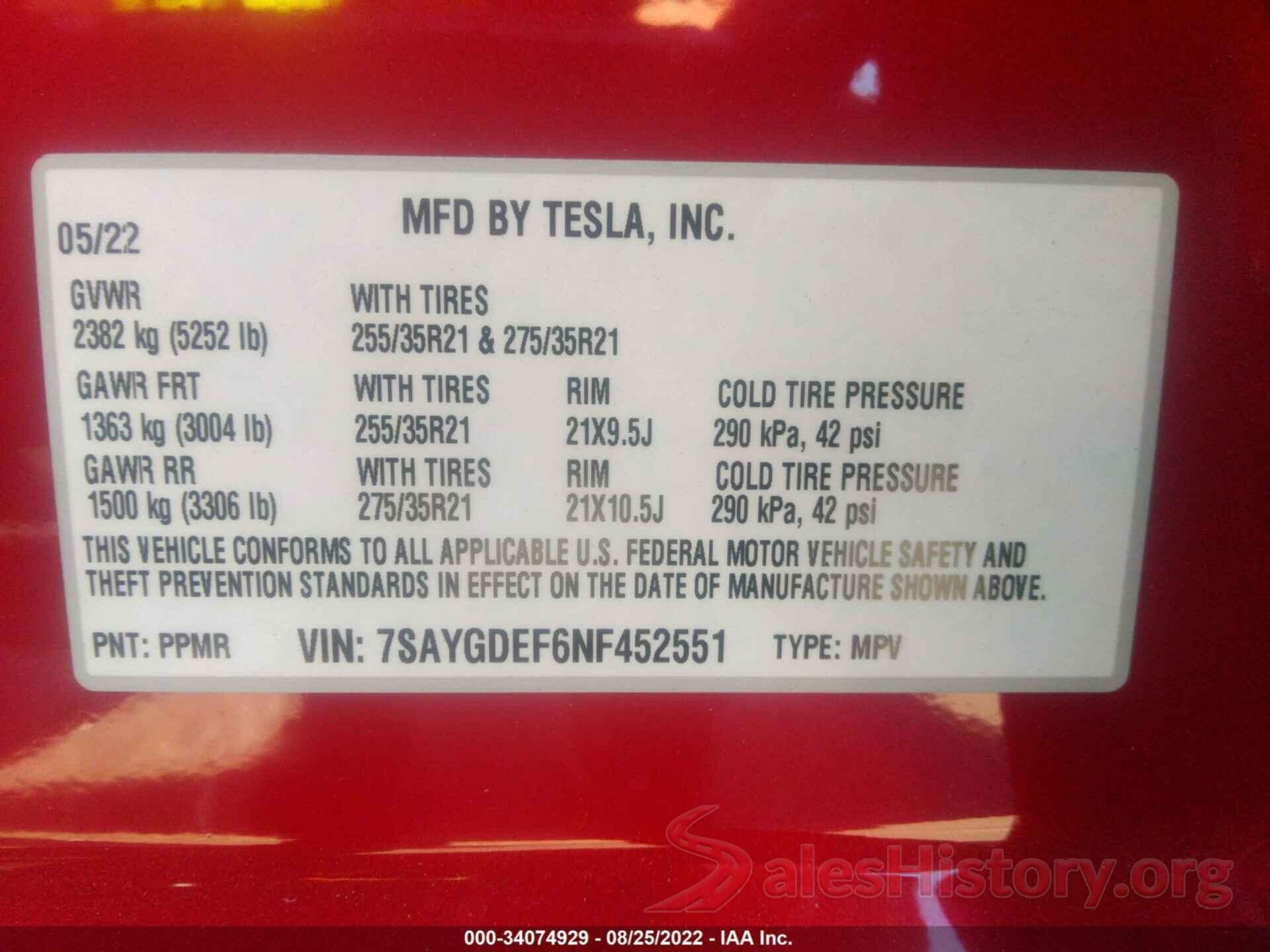 7SAYGDEF6NF452551 2022 TESLA MODEL Y