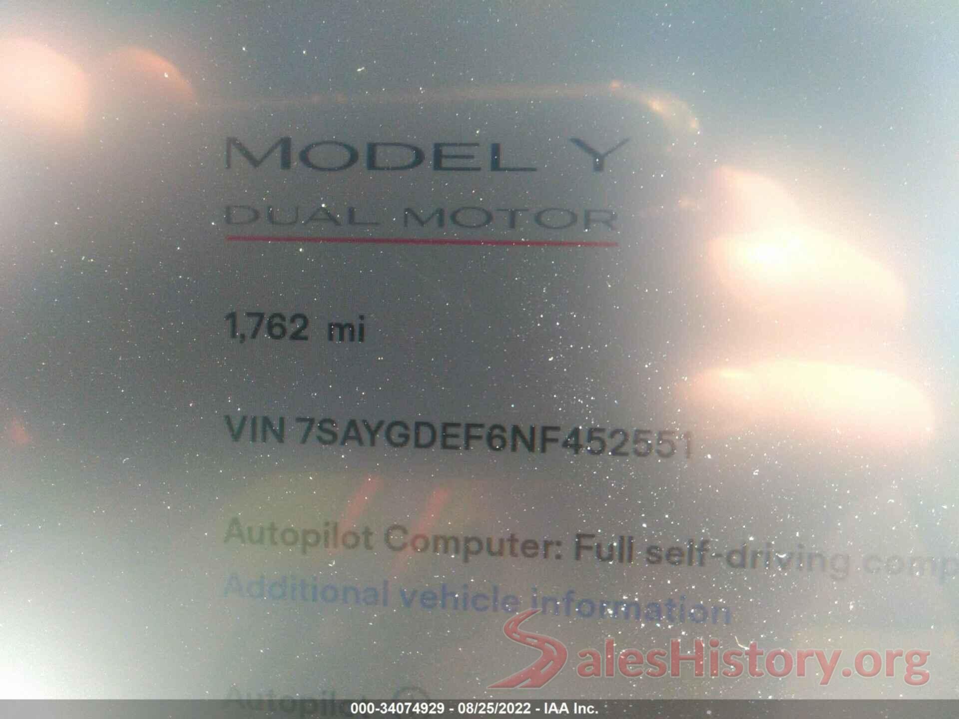 7SAYGDEF6NF452551 2022 TESLA MODEL Y