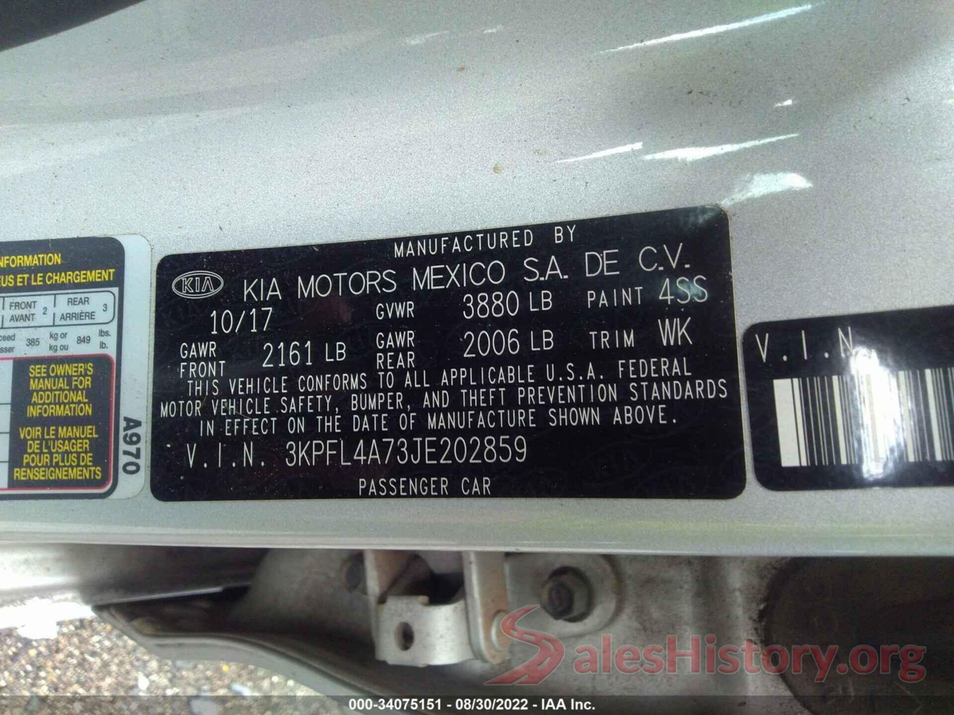 3KPFL4A73JE202859 2018 KIA FORTE