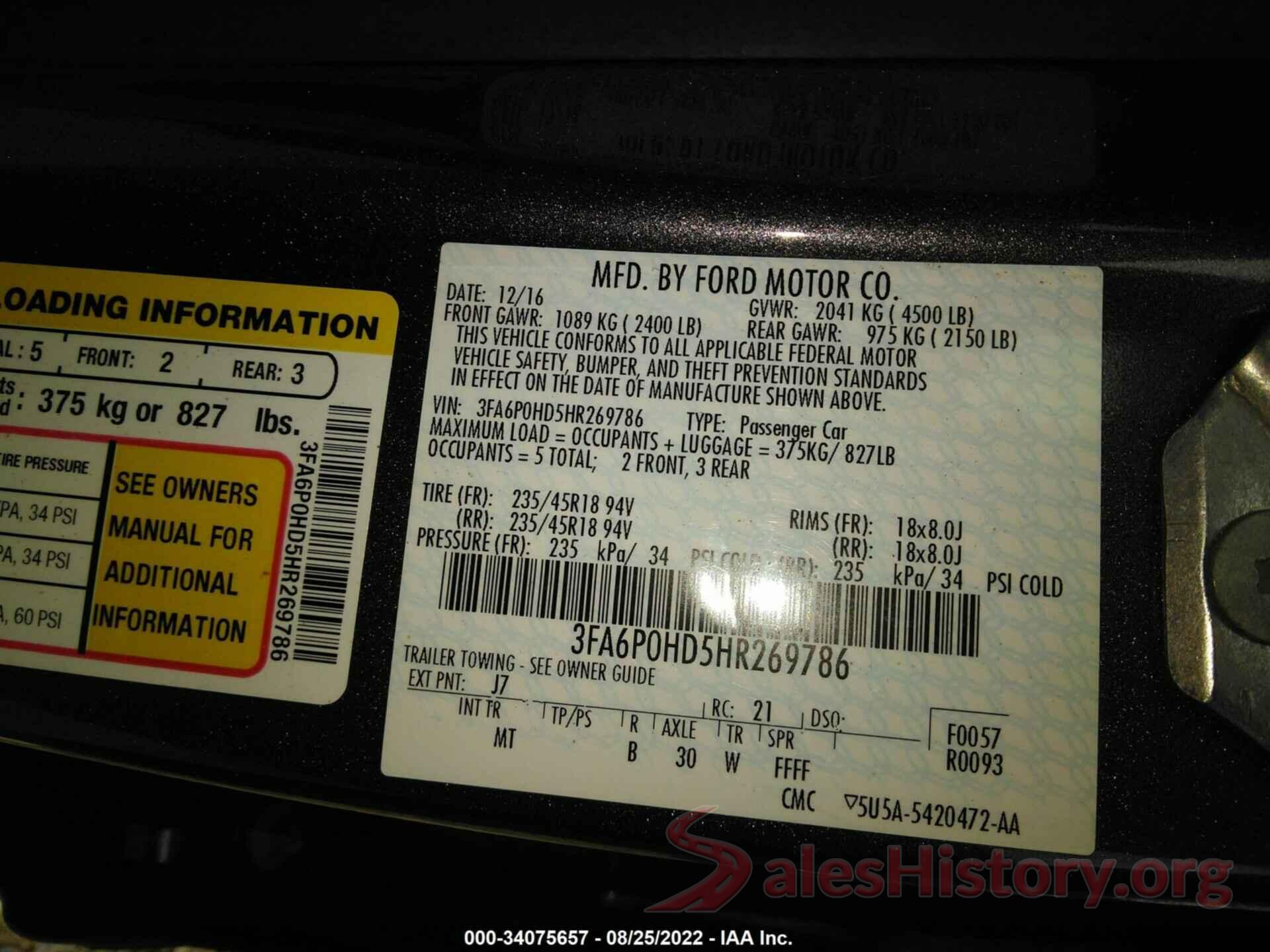 3FA6P0HD5HR269786 2017 FORD FUSION