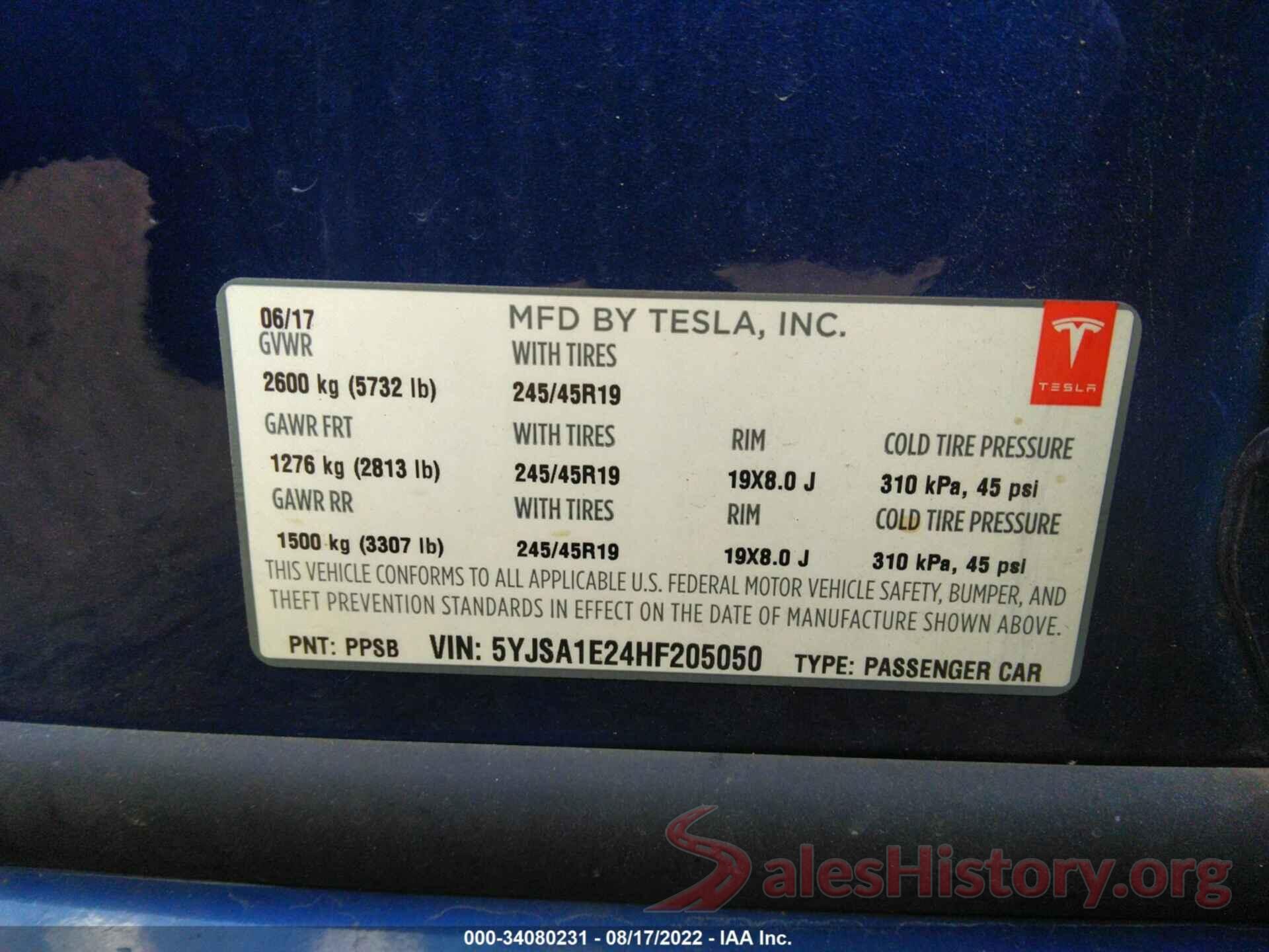 5YJSA1E24HF205050 2017 TESLA MODEL S