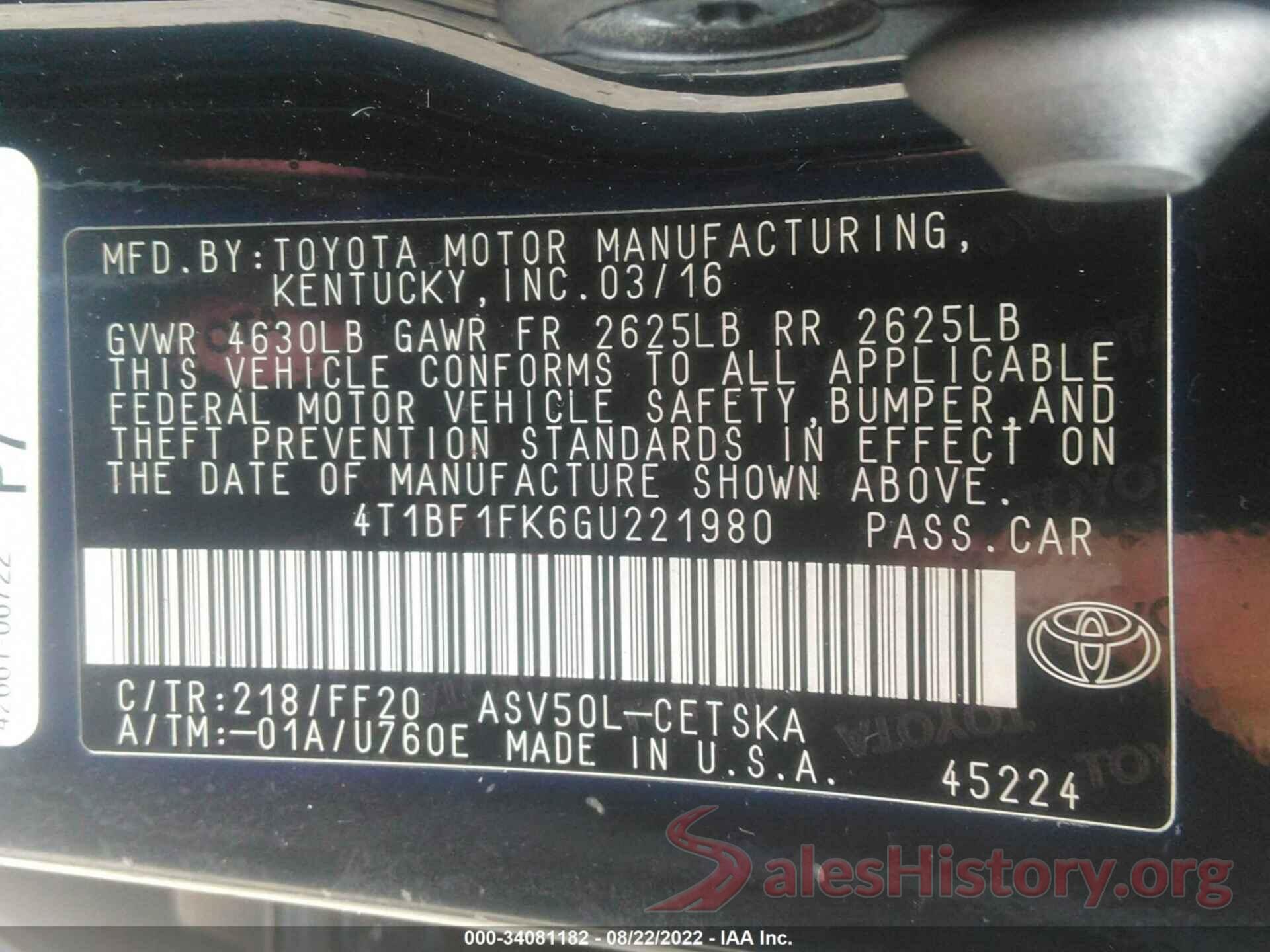 4T1BF1FK6GU221980 2016 TOYOTA CAMRY