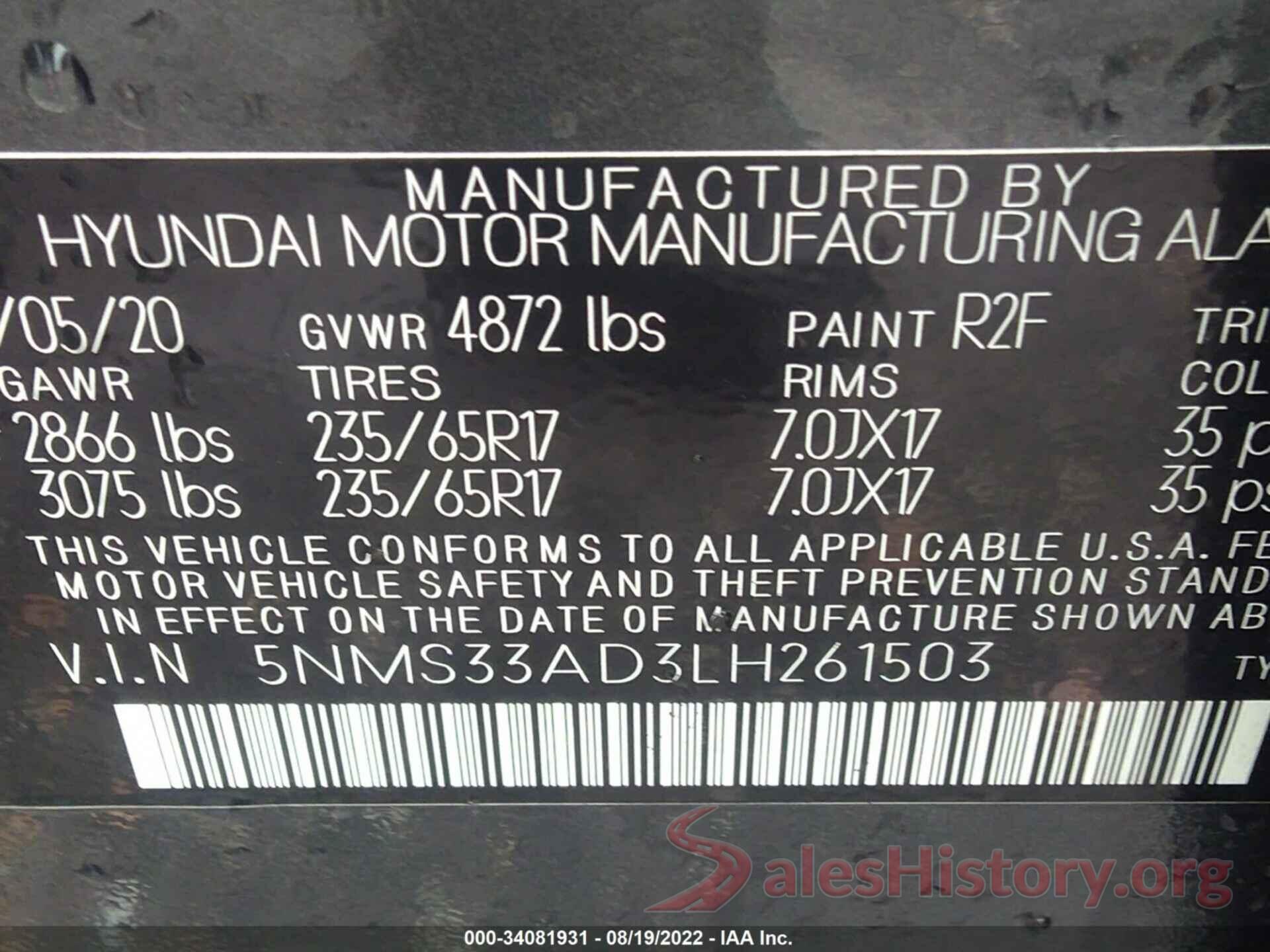 5NMS33AD3LH261503 2020 HYUNDAI SANTA FE