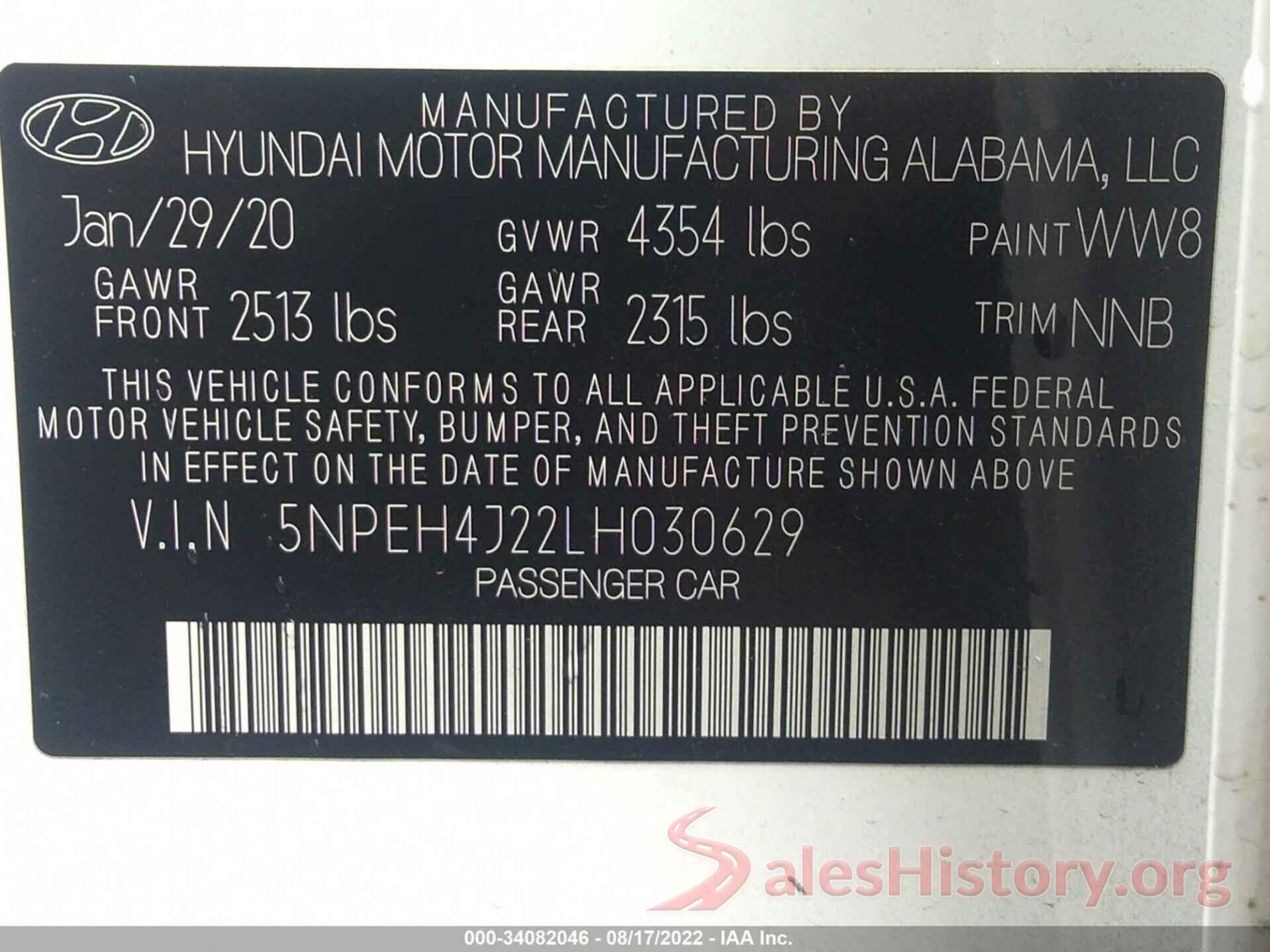 5NPEH4J22LH030629 2020 HYUNDAI SONATA