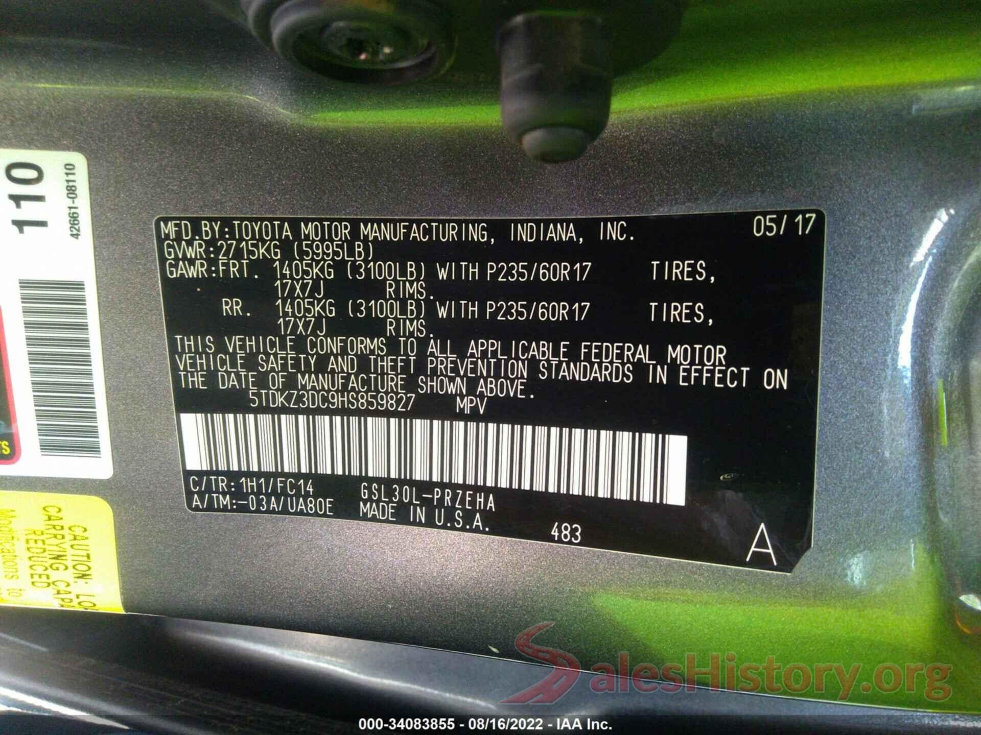 5TDKZ3DC9HS859827 2017 TOYOTA SIENNA