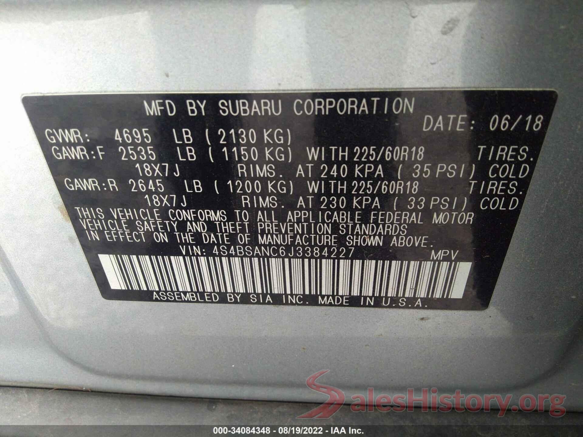 4S4BSANC6J3384227 2018 SUBARU OUTBACK