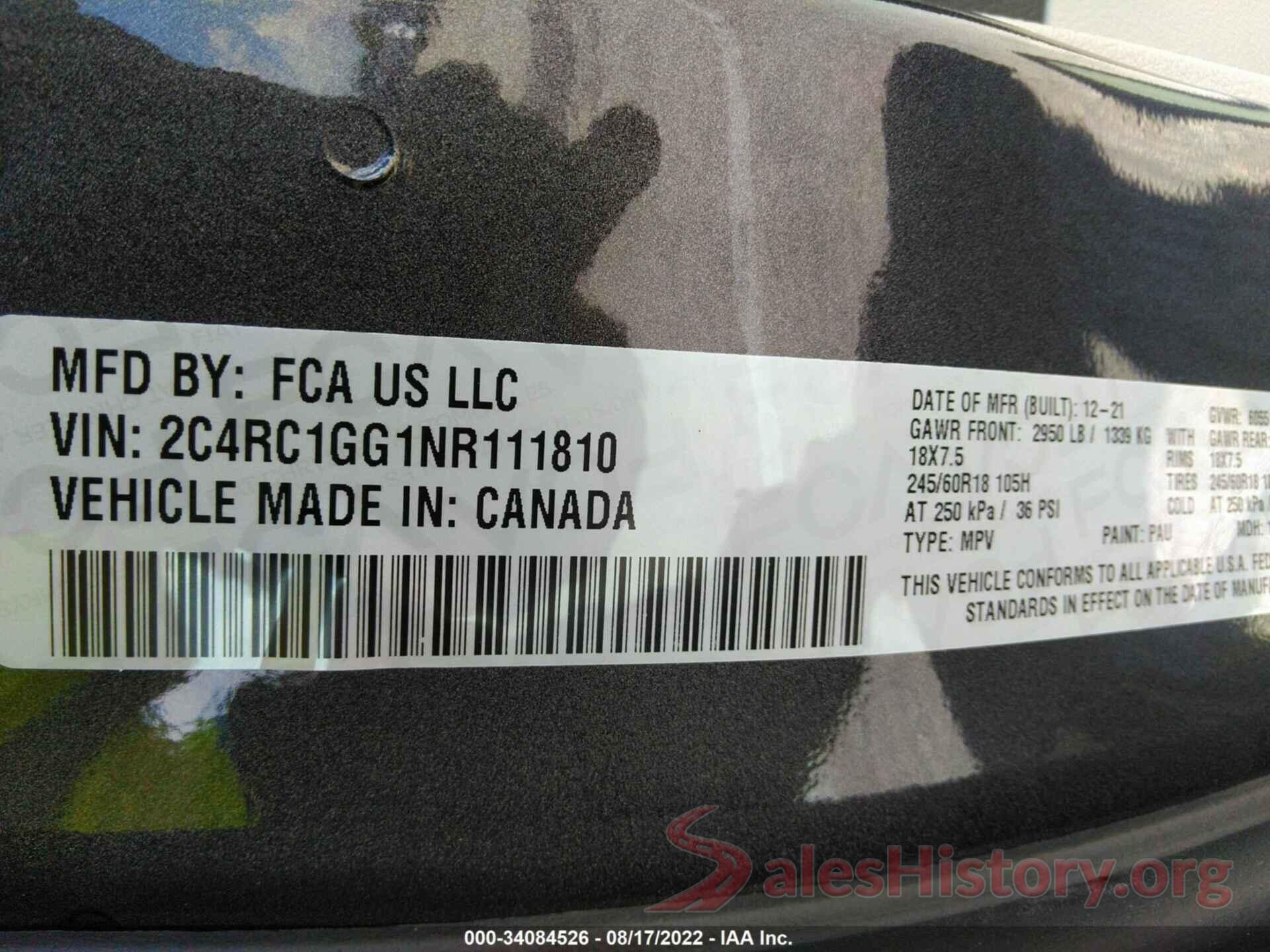 2C4RC1GG1NR111810 2022 CHRYSLER PACIFICA