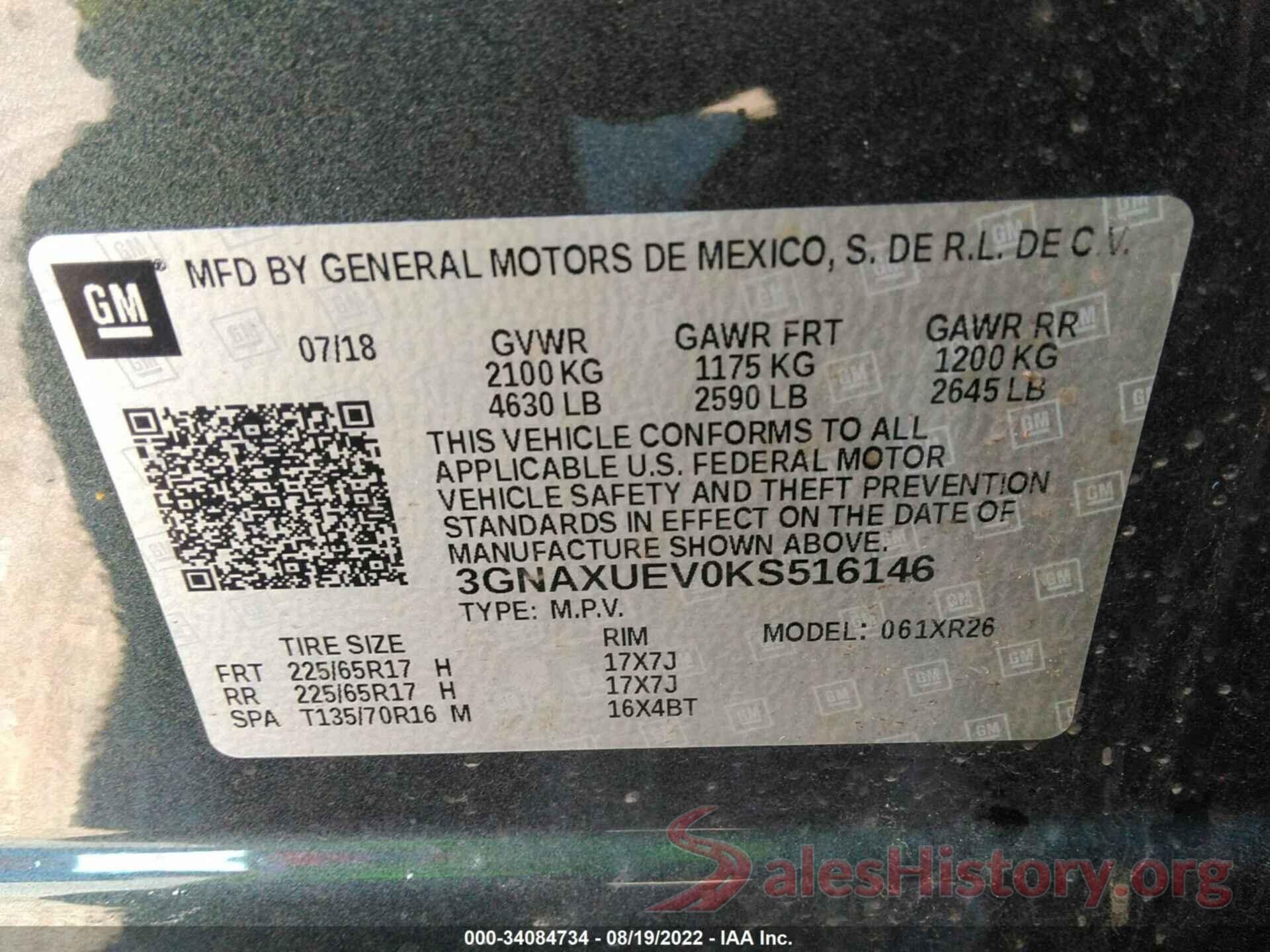 3GNAXUEV0KS516146 2019 CHEVROLET EQUINOX