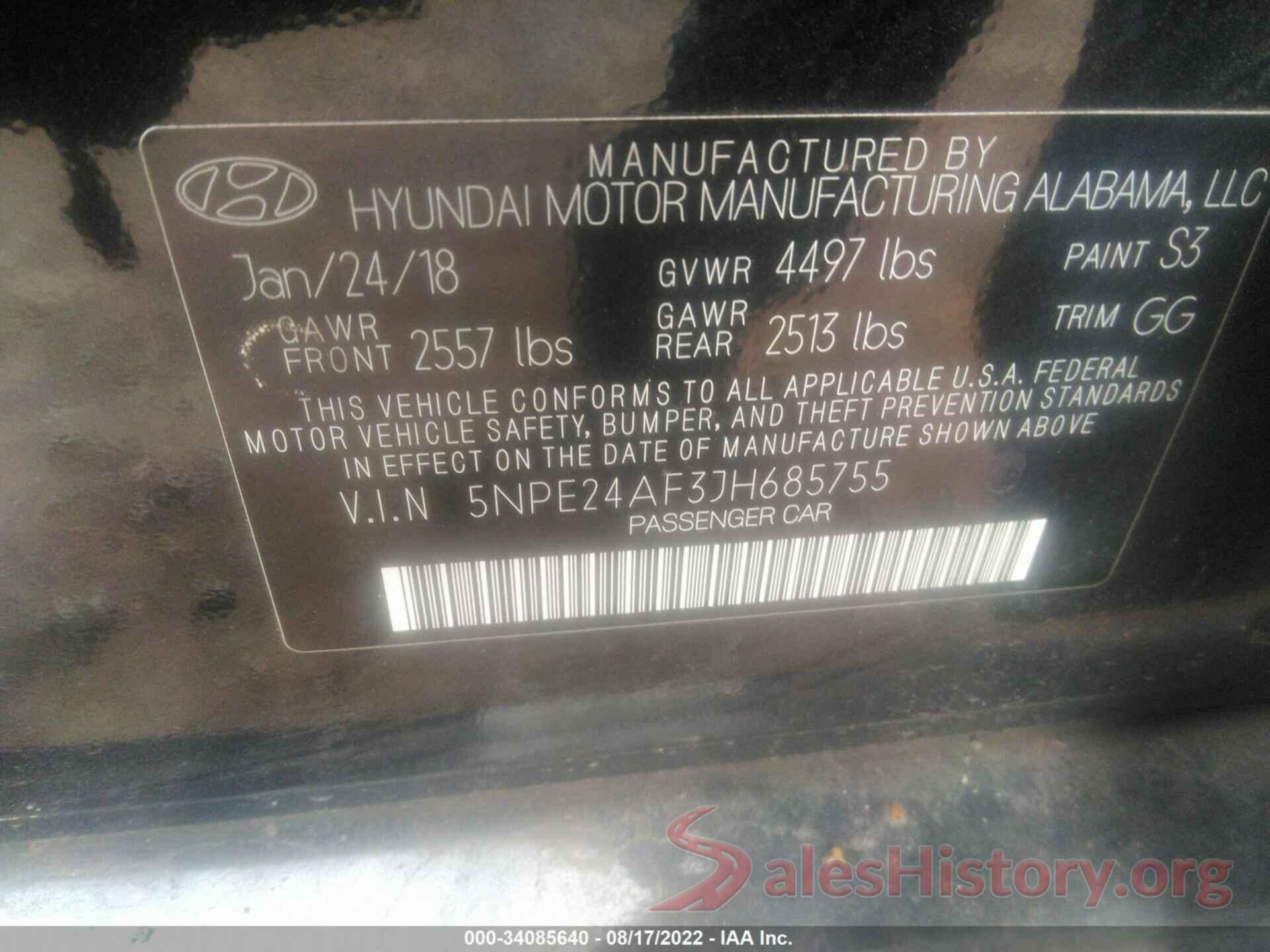 5NPE24AF3JH685755 2018 HYUNDAI SONATA