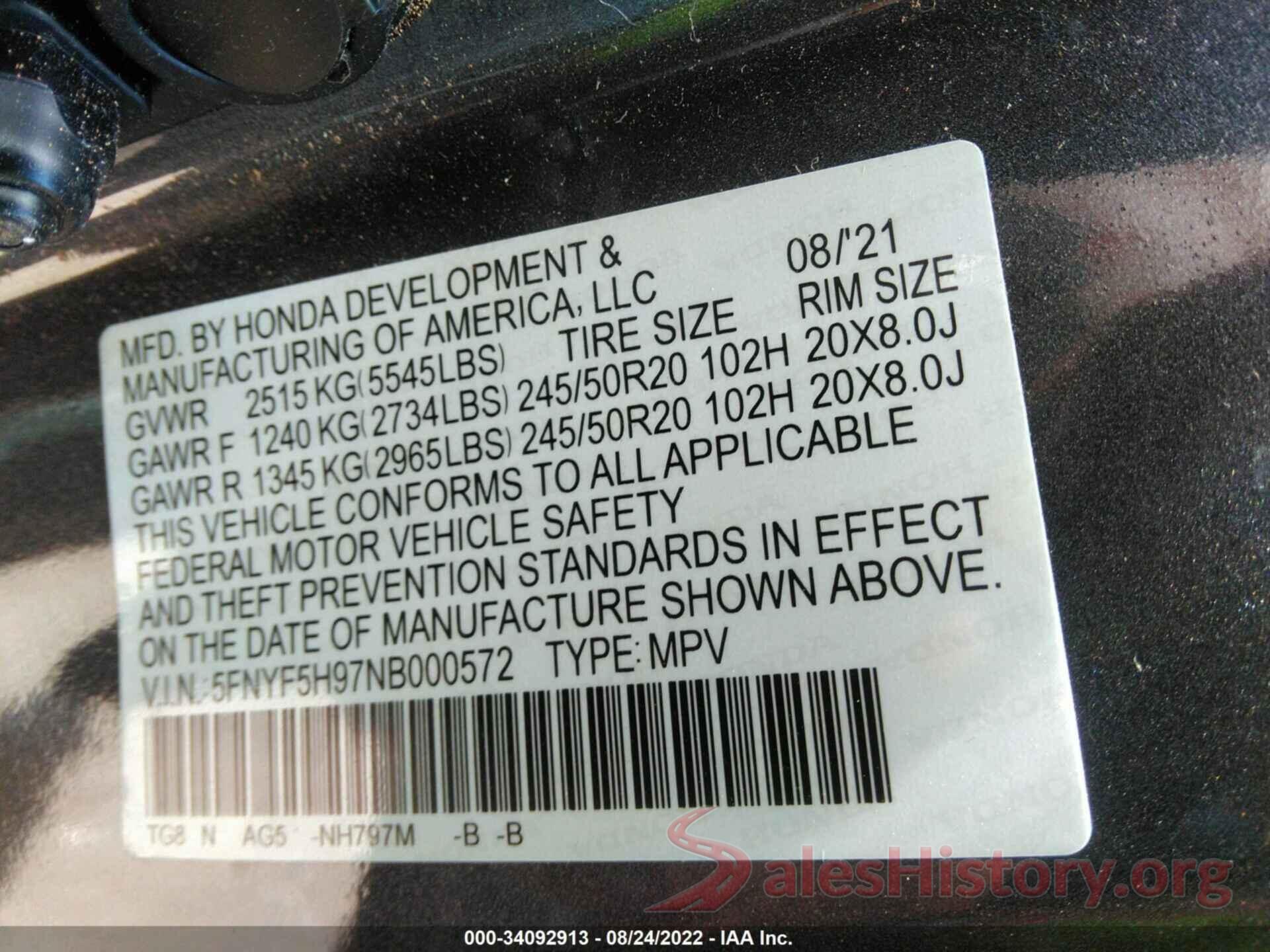 5FNYF5H97NB000572 2022 HONDA PILOT