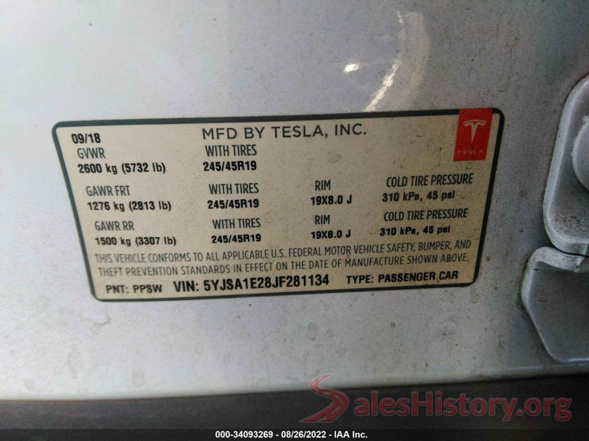 5YJSA1E28JF281134 2018 TESLA MODEL S